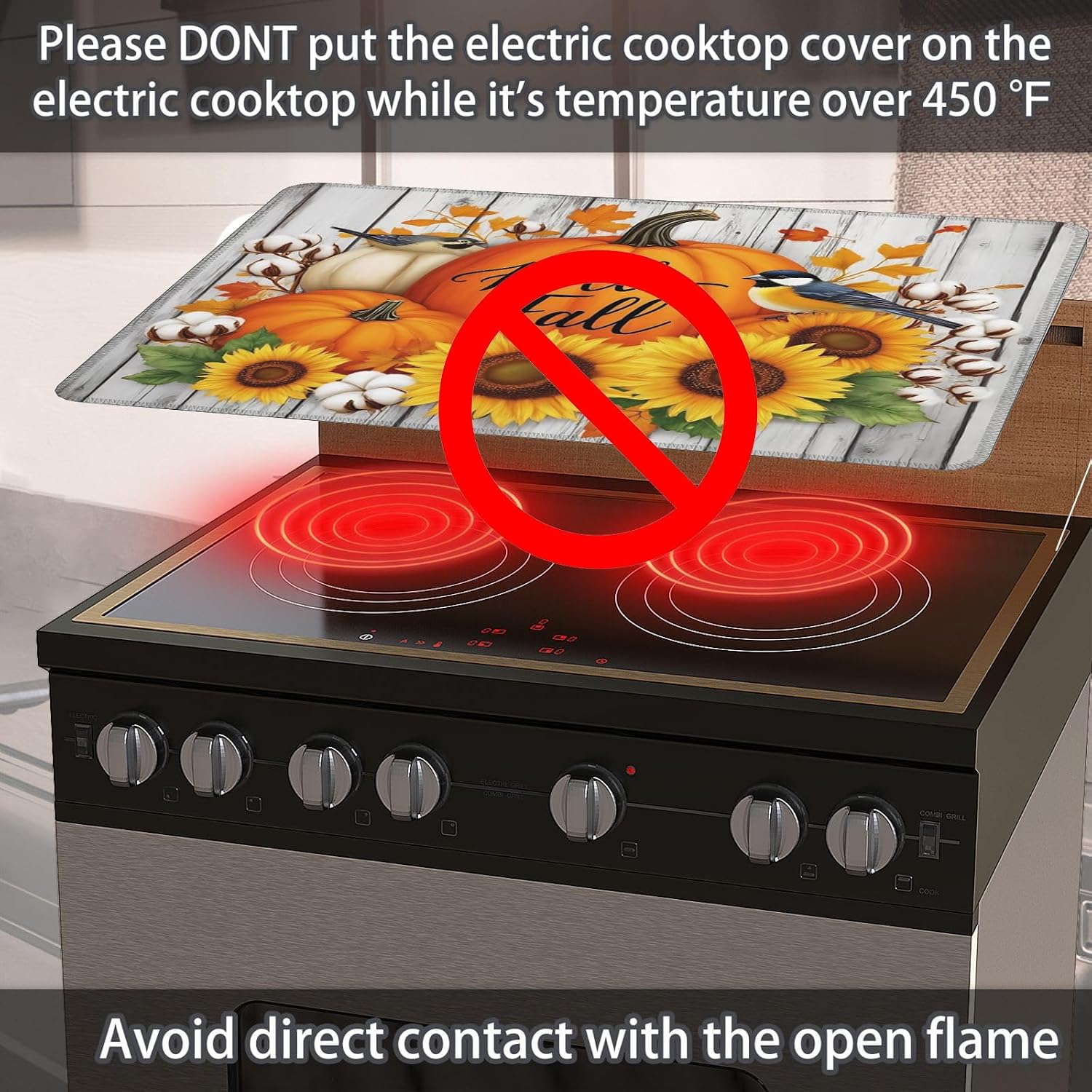 Fall Stove Top Cover for Electric Stove 28" x 20" Autumn Sunflowers Pumpkin Glass Flat Heat-Resistant Top Stove Mat for Kitchen Ceramic Countertop Oven Induction Cooktop