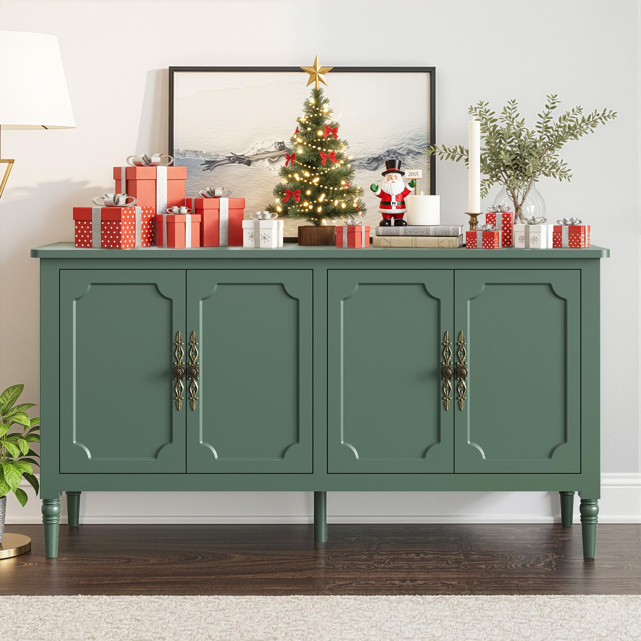 RoyalCraft Large Sideboard Buffet Cabinet with Storage, 58'' Modern Credenza Buffet Table Coffee Bar Wine Bar Storage Cabinet with Artistic Carved Handle for Dining Room Living Room, (Forest Green)