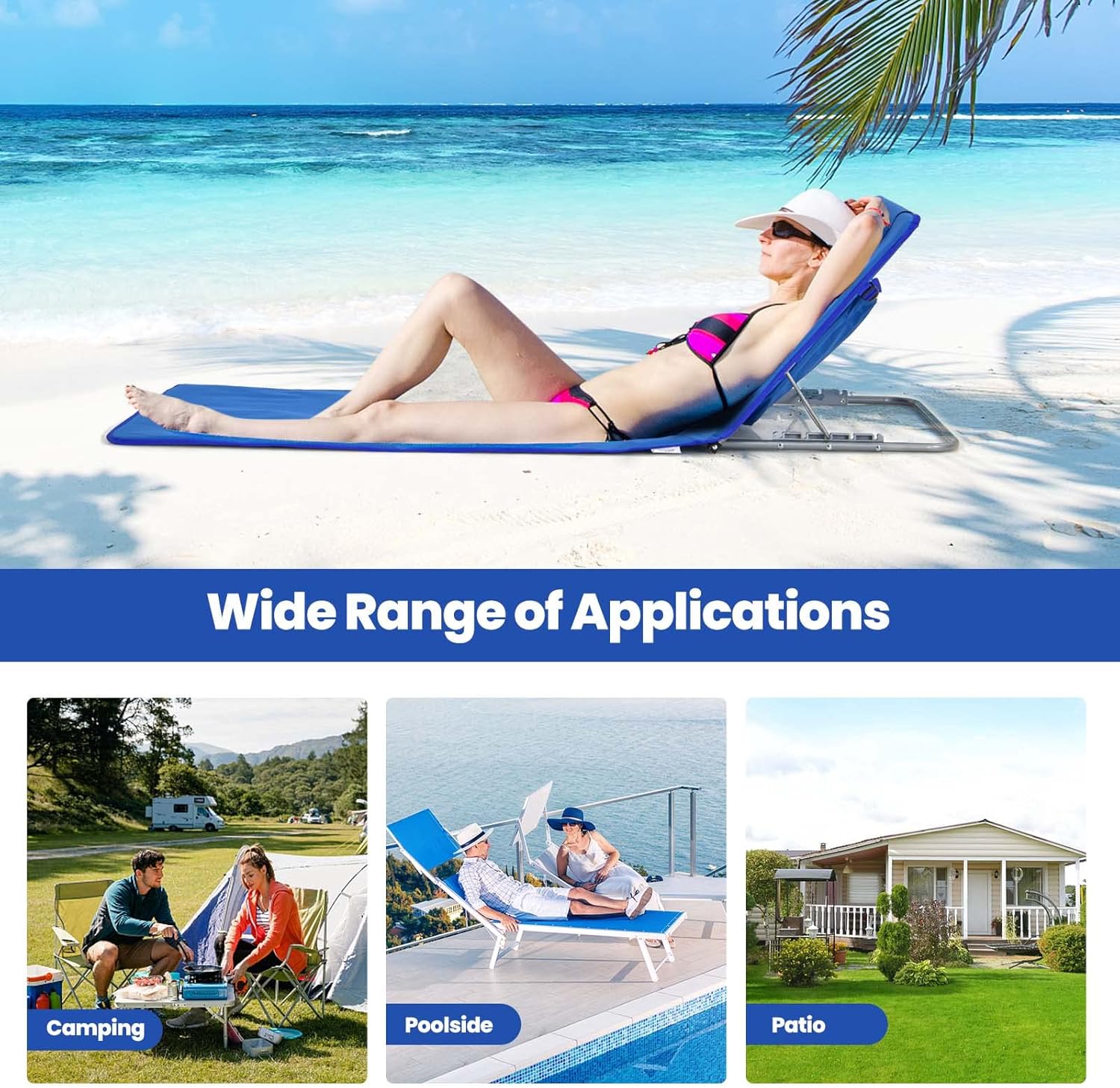 Nightcore 3-Piece Beach Chairs Set for Adults, Adjustable Lawn Chair with Side Table for Outdoor Relaxing & Sun Tanning, Portable & Folding Recline Chaise Lounge for Beach, Patio, Camping (Blue)