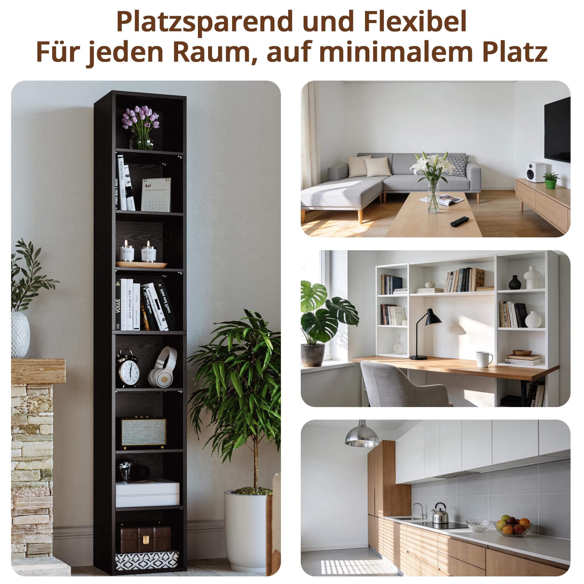IRONCK Bücherregal Schwarz, Schmales Regal, 8-stöckiges 23.6 x 30 x 180cm | Würfelregal mit 8 Ebenen, Aufbewahrungsregal, Präsentationsregal, offenes Regal, für Wohnzimmer Home Office Schlafzimmer