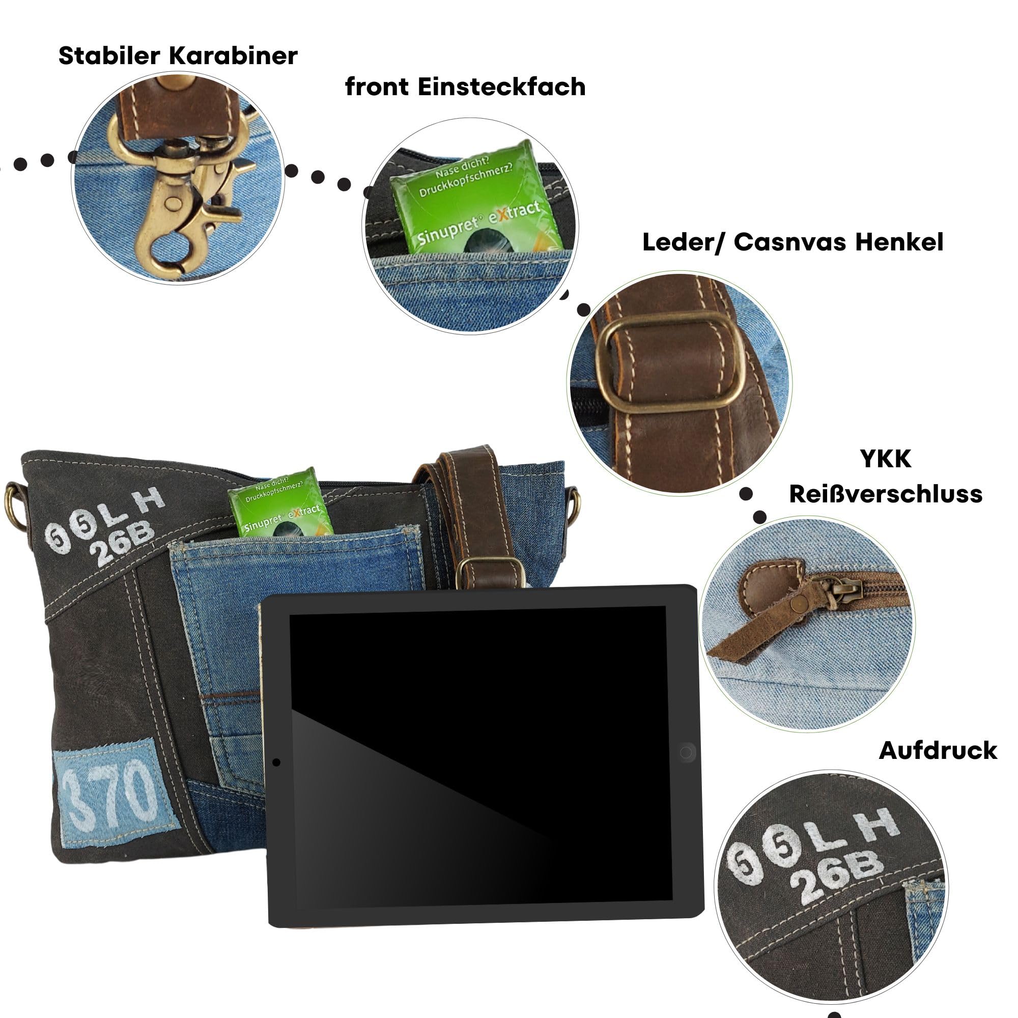 Sunsa Damen Umhängetasche, Tasche aus Recycelte Jeans & Canvas schwarz/Blau
