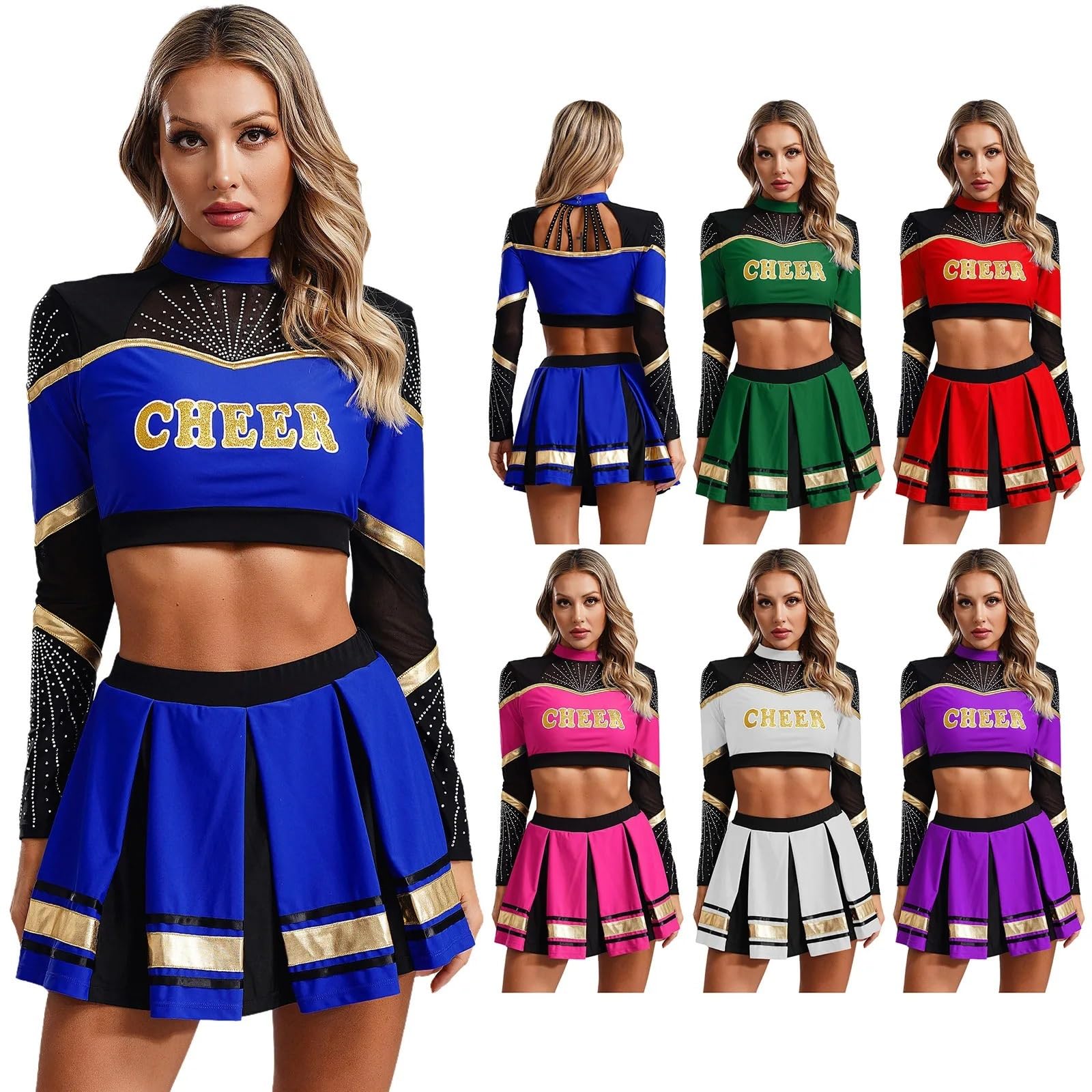 Cheerleader Kostüme 2-teiliges Cheerleading-Kostüm for Damen, Cheerleader-Tanz-Outfits, langärmelig, Pailletten, Bauchfreies Top mit Faltenrock, Set, Cheer-Uniform