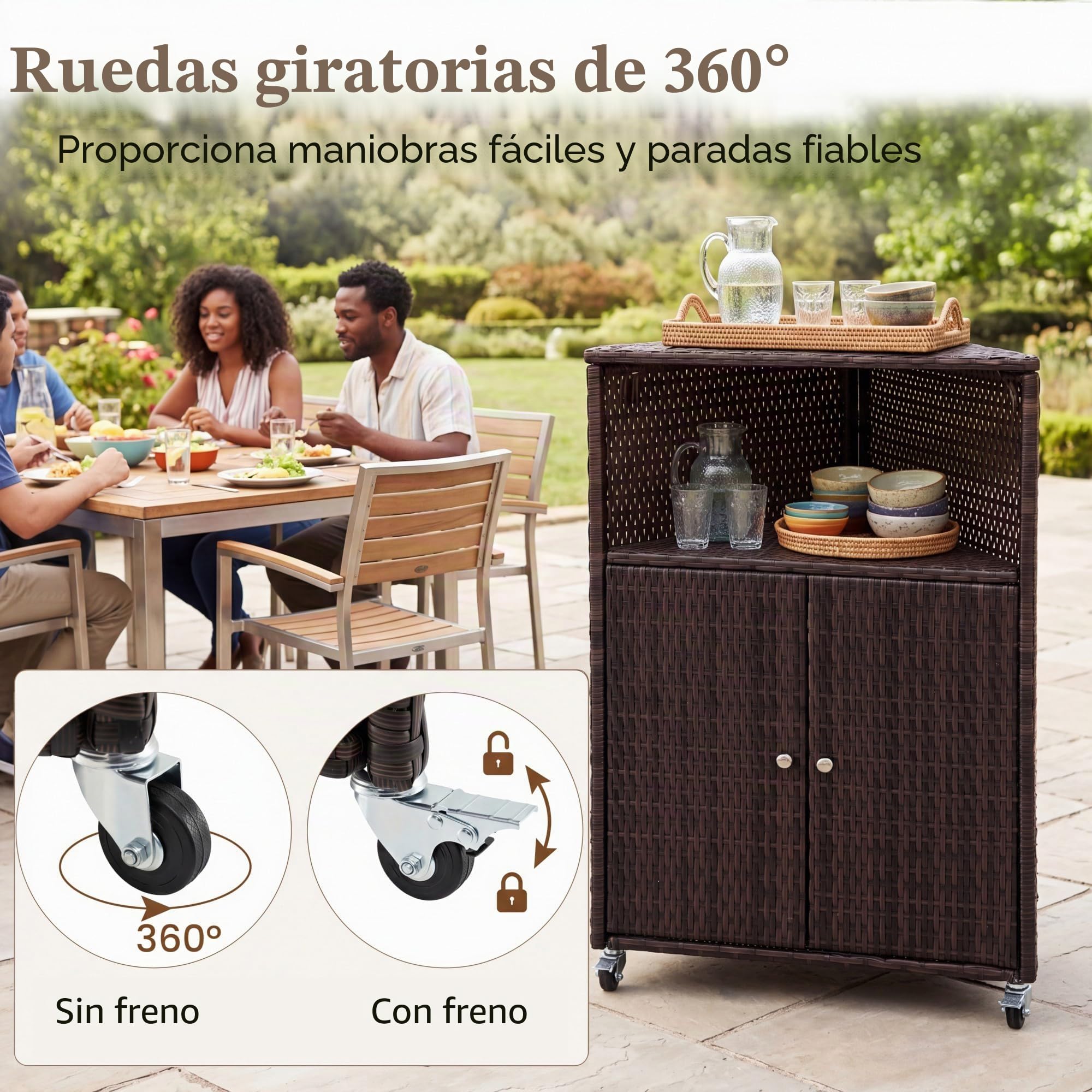 LIFEZEAL Armario de Exterior de Ratán con 2 Niveles y Puertas | Aparador Rodante para Patio Jardín Terraza, Compartimento Abierto, 65x47x111 cm, Resistente al Agua