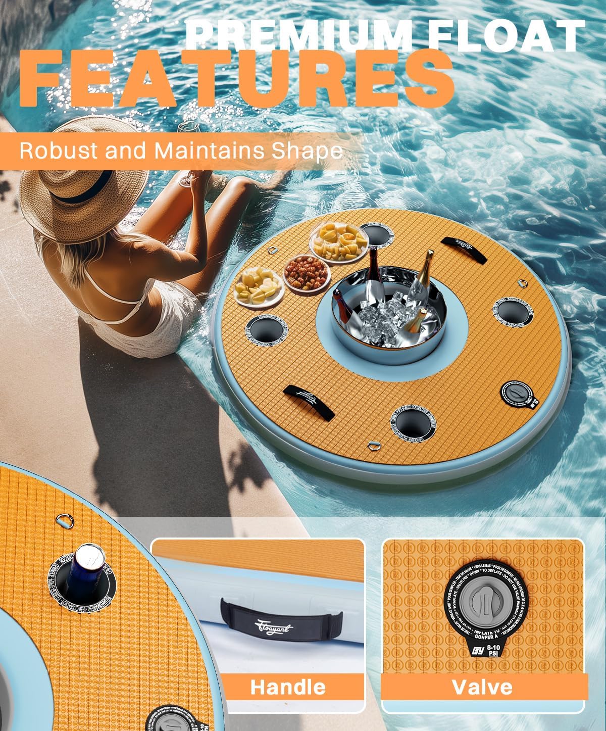 4FT Inflatable Floating Bar, Portable Floating Party Raft, Water Drink Bar with Ice Bucket, 100LB Bearing Capacity, Drink Floats for Lakes, Pools, Boats