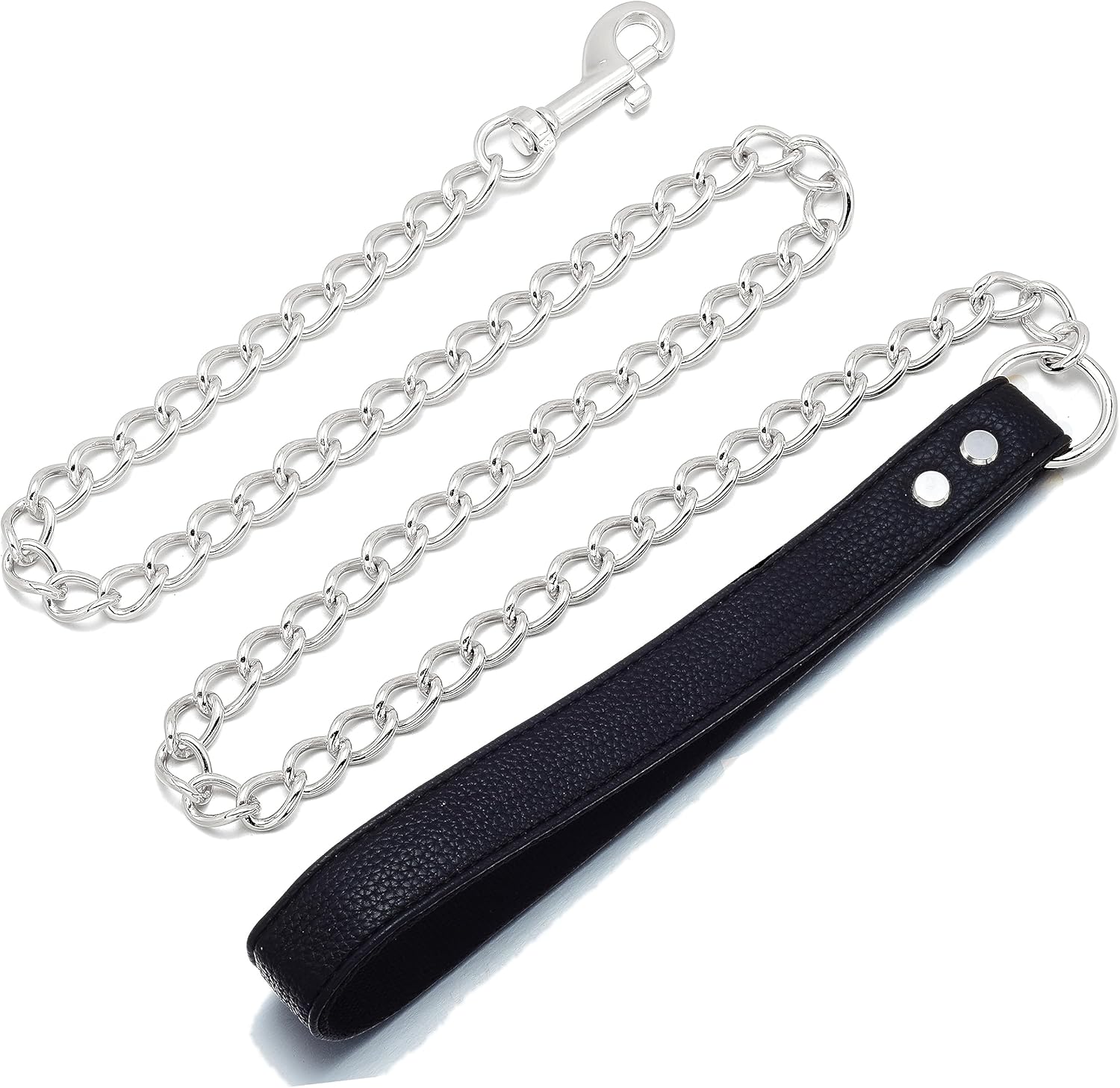 Jewelry Kingdom 1 Dog Chain Leash - Sturdy and Chew-Resistant Tie Out Chain Comfortable Leather Handle Suitable for All Dog Breeds Outside Hold Chain Leash(Silver Chain, 13MM, 3.3ft)