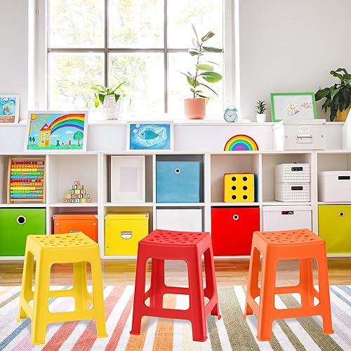Miniatura 2 de TURSTIN Paquete de 6 taburetes apilables para aula, de plástico, coloridos, redondos, interiores y exteriores, asientos flexibles, sillas