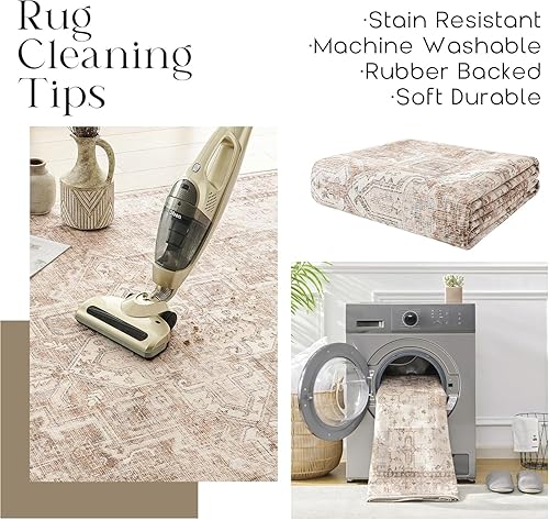 Miniatura 6 de Alfombra bohemia neutra para sala de estar, lavable de 5 x 7 pies, estilo vintage, rústico, moderno, estilo rural, fácil de limpiar, resistente a