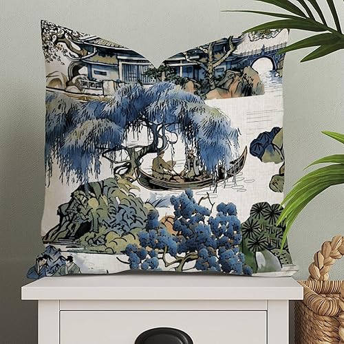 ArogGeld Chinoiserie - Fundas de almohada escénicas asiáticas, estilo asiático, funda de almohada azul y verde Kelly, funda de cojín para decoración