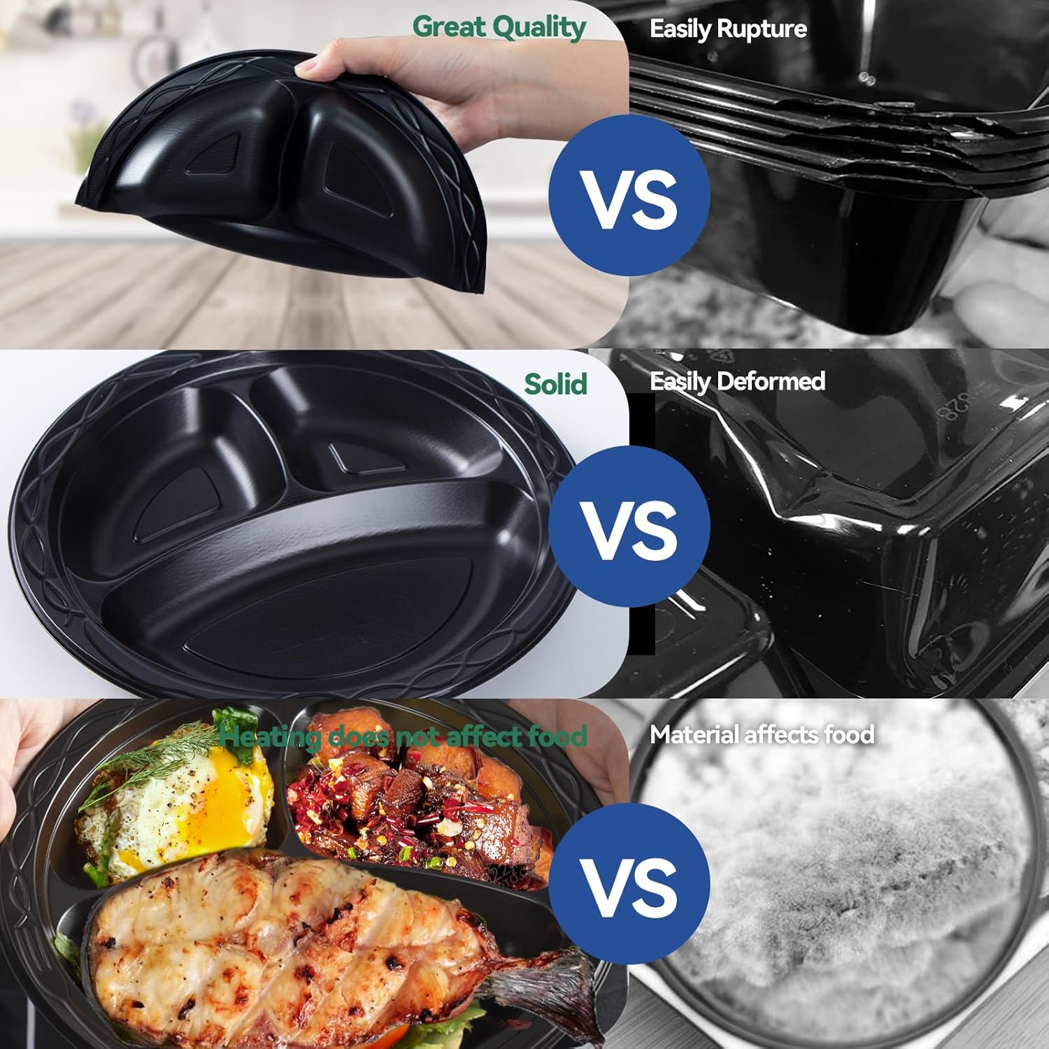 Plastic Plates BPA Free 9" 150 Pack - Shrink Wrapped Mineral Filled PP | Microwave Safe | Disposable & Reusable Food Grade Catering | Black Commercial Heavy Duty 3 Compartment Party Trays