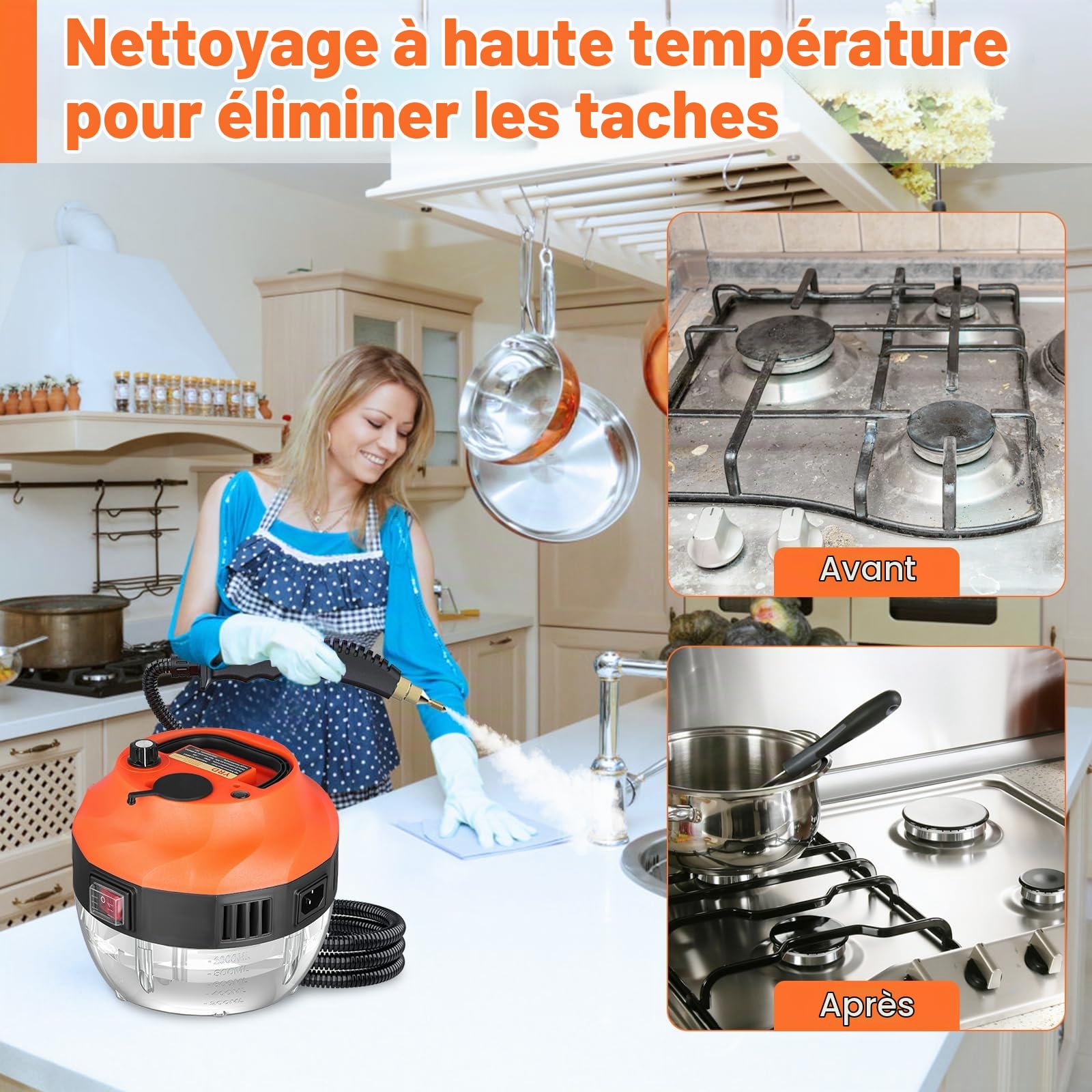 Nettoyeur Vapeur Portable 2500W Haute Pression, Nettoyeur Vapeur Portable 5ème Génération avec 6 Brosses Multifonctions et Grand Réservoir 1L, pour Cuisine, Salle de Bain, Voiture, Sols et Maison