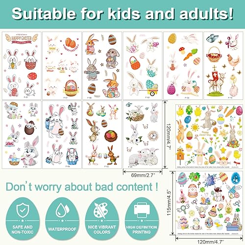 Miniatura 2 de CUTELIILI Tatuajes temporales de Pascua para niños, más de 140 piezas, 12 hojas de huevo de Pascua y conejito falso para niños y niñas, rellenos de