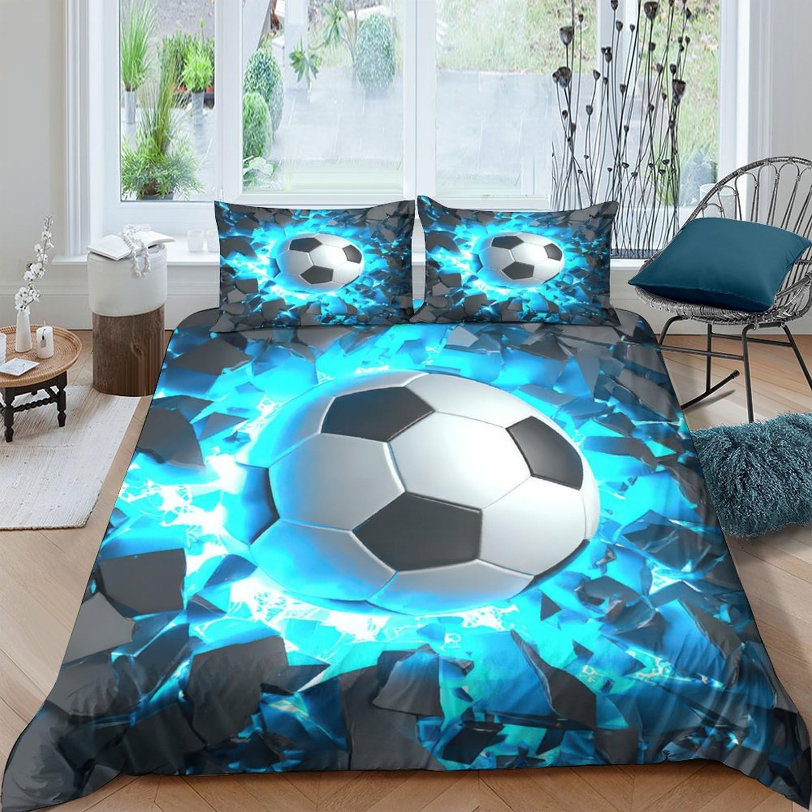 Ctjqhvkz Style-9 3D Printed Soccer Ball Fitted Sheet Microfiber Blue Lightning Bed Cover For Bedroom Guest Room Easy Care Decor Single（135X200cm）