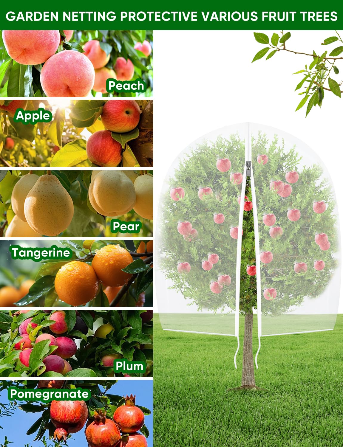 Red para árboles frutales con cremallera, 2 unidades de 8 x 5.3 pies, red de jardín para arbustos de arándanos con cordón, bolsas de malla de protección de plantas de insectos para tomate, flores,