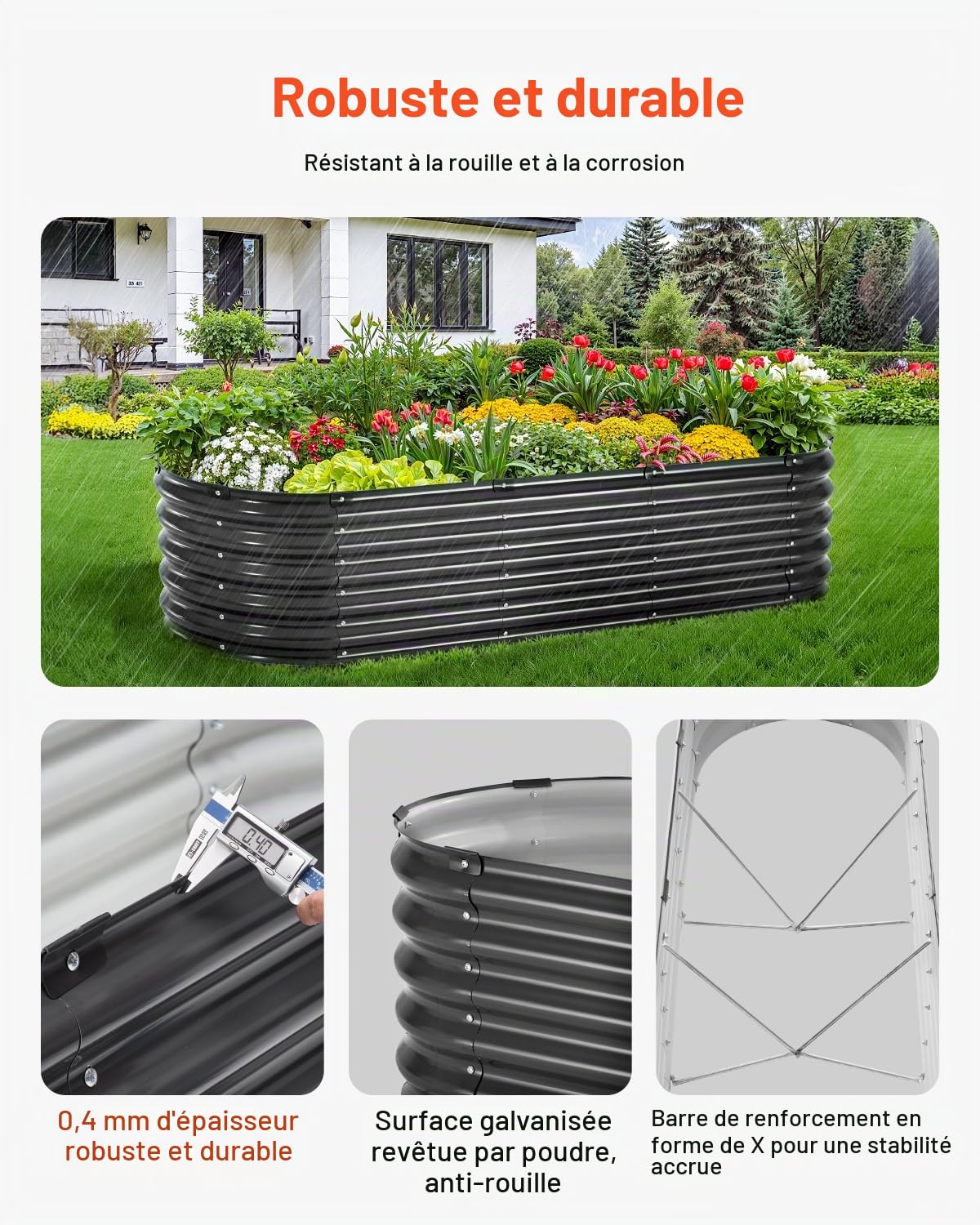 VEVOR Jardinière 1190x595x420 mm Lit de Jardin Surélevé Métal Galvanisé Bac de Plantation Ovale Fond Ouvert pour Cultiver Fleur Herbes Plantes Succulentes dans Jardin Terrasse Patio Balcon, Gris Foncé