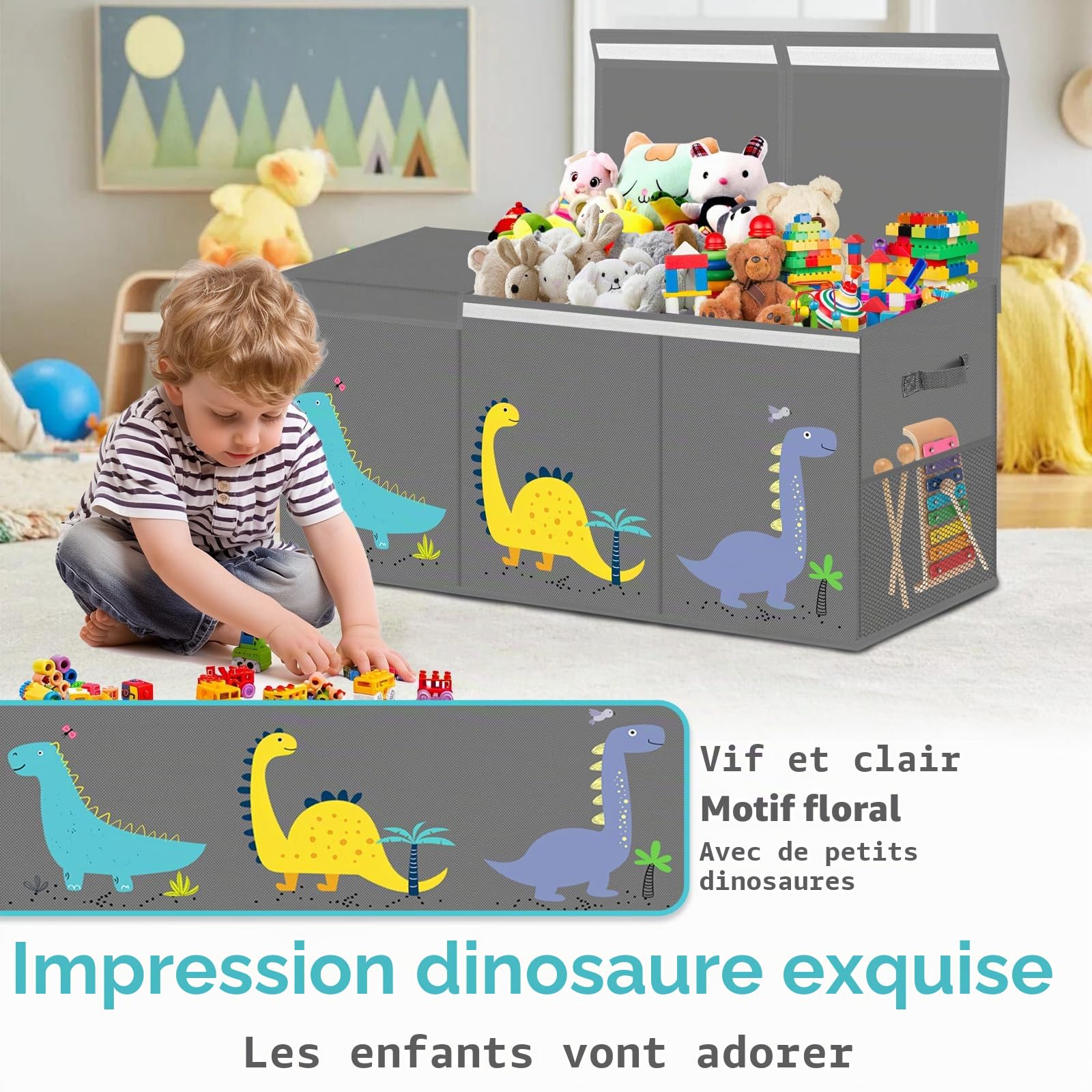 Boîte de rangement à jouets avec couvercle - Extra large - Boîte de rangement pour enfants - Pliable - Avec poignées - Cloison de rangement pour chambre d'enfant, vêtements, chambre à coucher