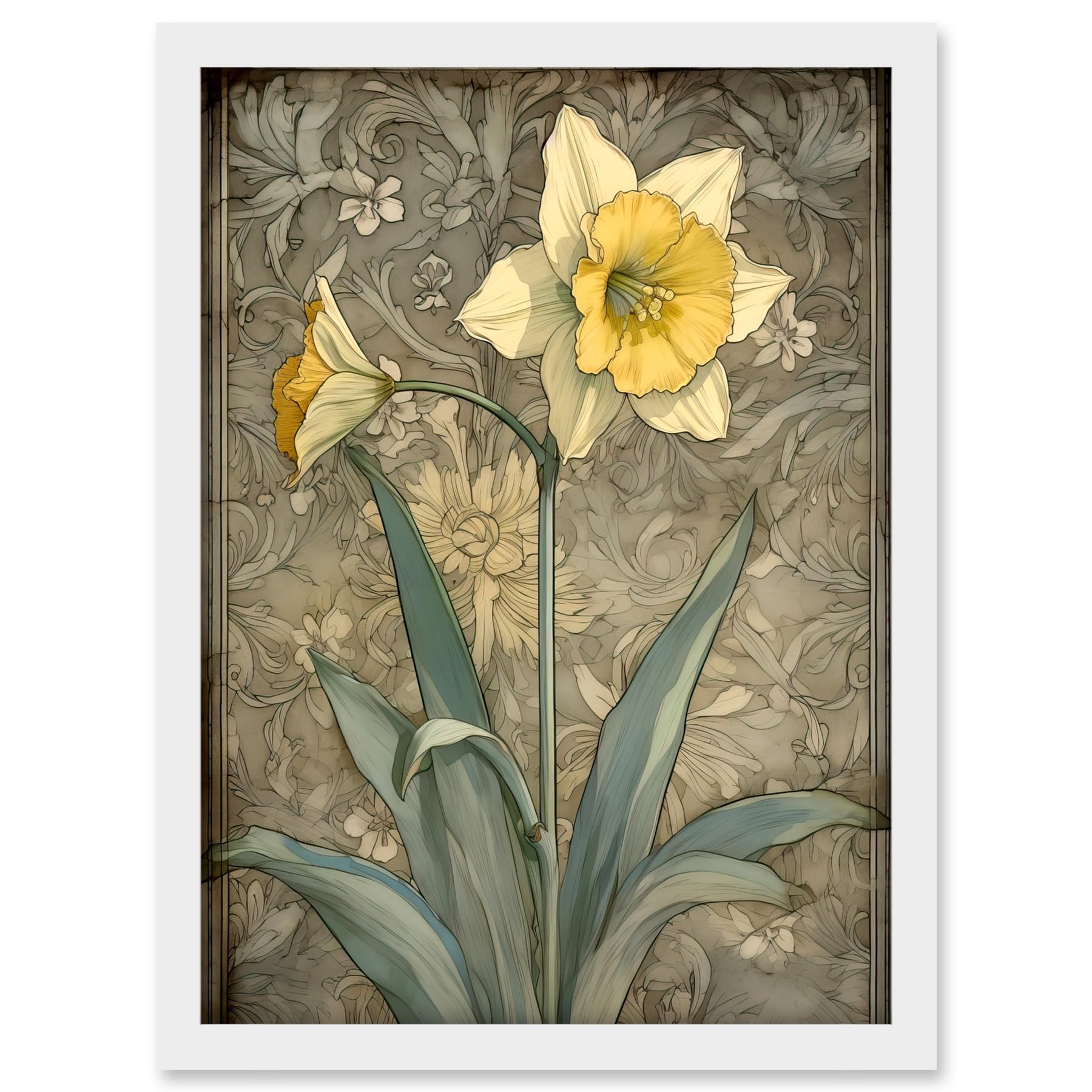 Artery8 Daffodil Flower Pastel Watercolour Art Nouveau Artwork Framed A3 Wall Art Print