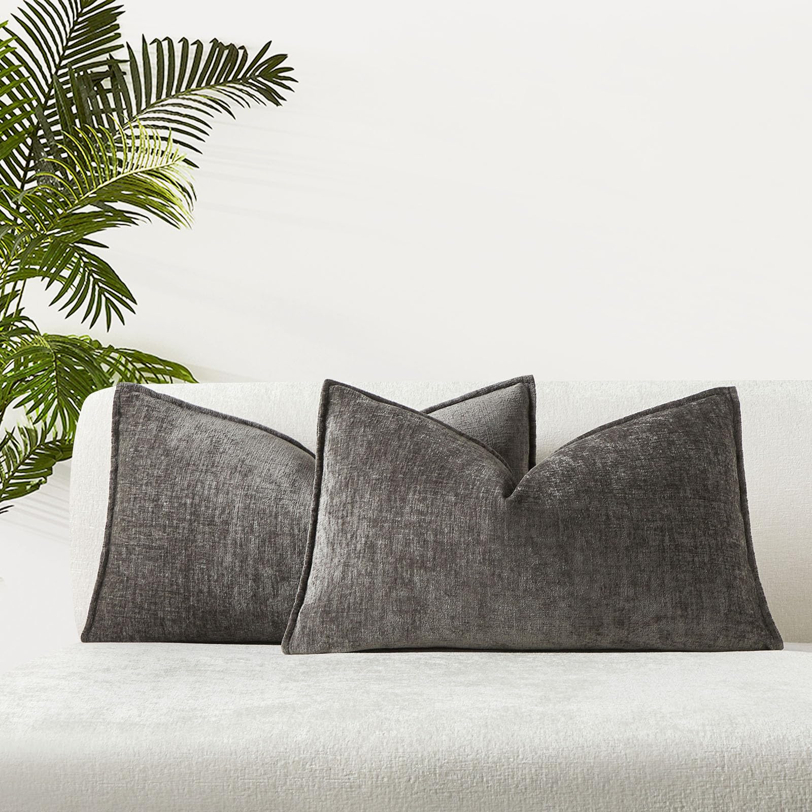 JUSPURBET Set of 2 Dark Grey Chenille Lumbar Throw Pillow Covers 16x24 Inch Soft Textured Decorative Cushion Cases for Couch Sofa Bed Solid Home Decor Pillowcases