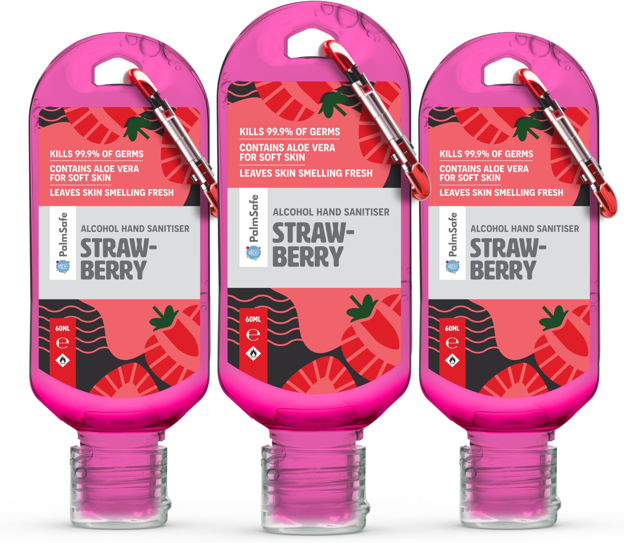 Strawberry 3 Pack 60ml Anti Bacterial Premium Hand Sanitiser Travel Size Refillable Clip Bottle Quick Drying Non Sticky Extra Moisturising Kills 99.9% of Viruses and Bacteria