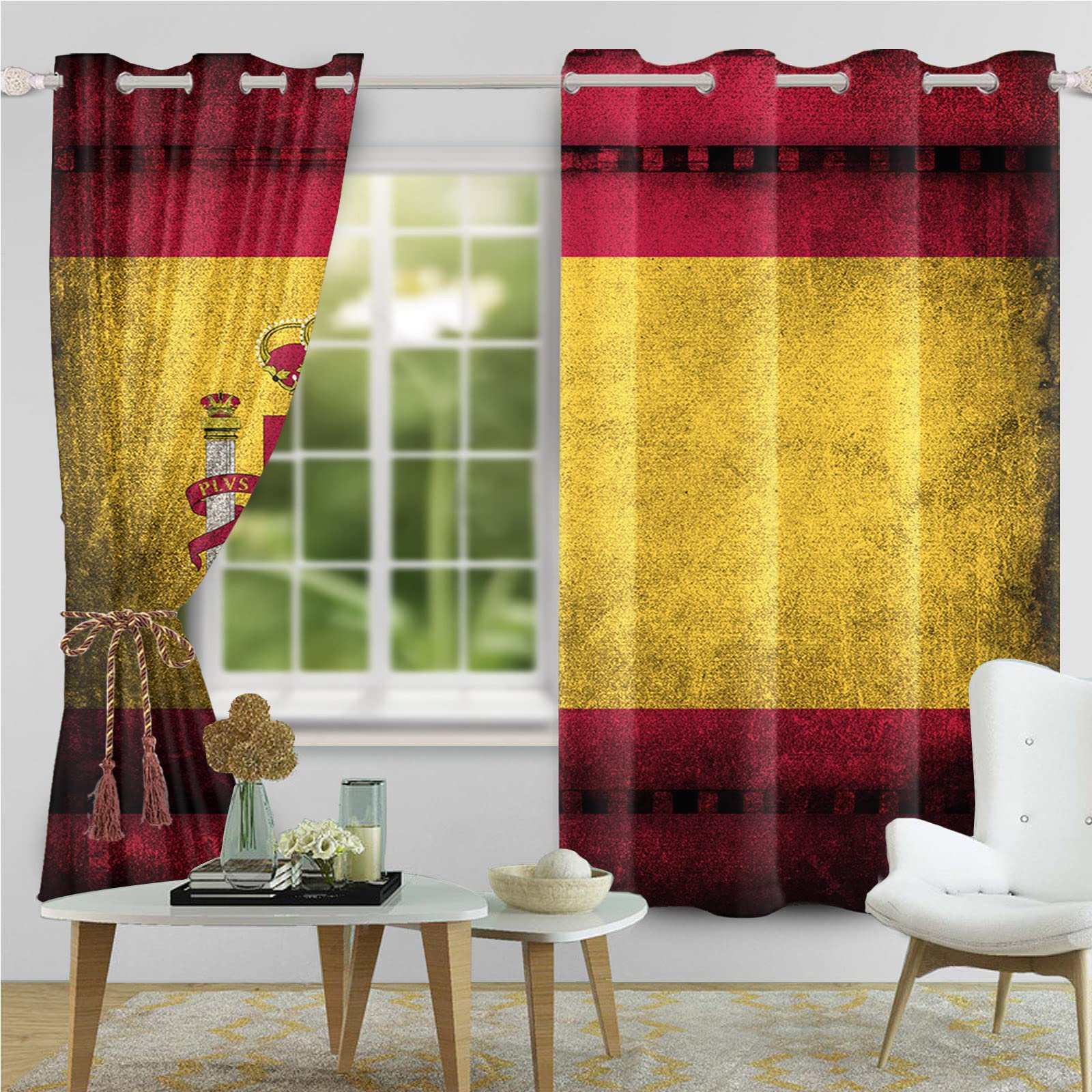 Paire De Rideaux Français Vintage Tissages Denantes - Rouge Et Jaune - 135x175 Cm