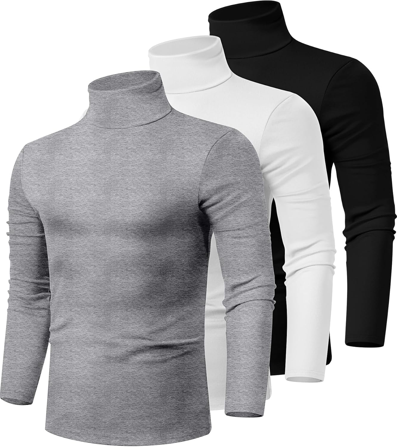 Ficerd 3 Pack Men's Turtleneck Shirts, Long Sleeve Cotton Pullover Sweaters Mock Neck Knitted T-Shirt Basic Slim Fit Tops