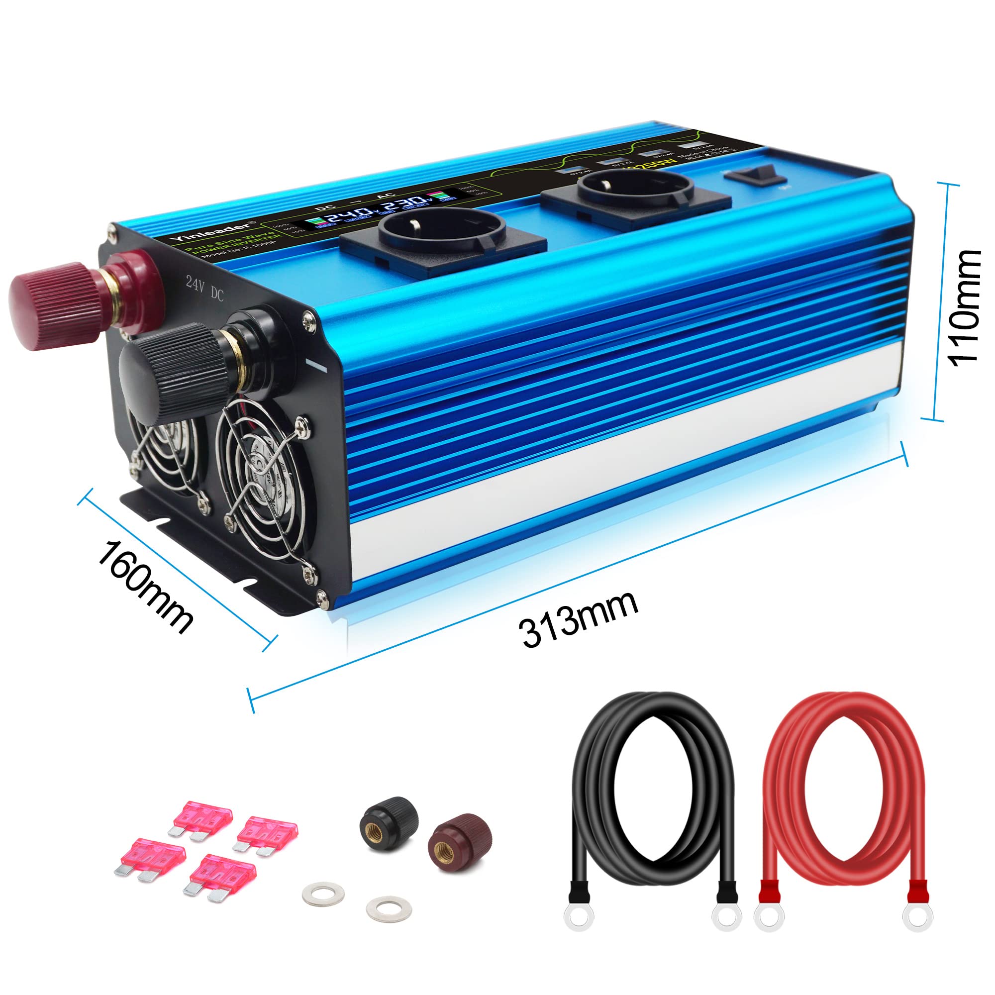 Yinleader 24V 230V 1600W Convertisseur de Tension sinusoïdale Pur 2 x EU Prises de Courant et 4 Ports USB