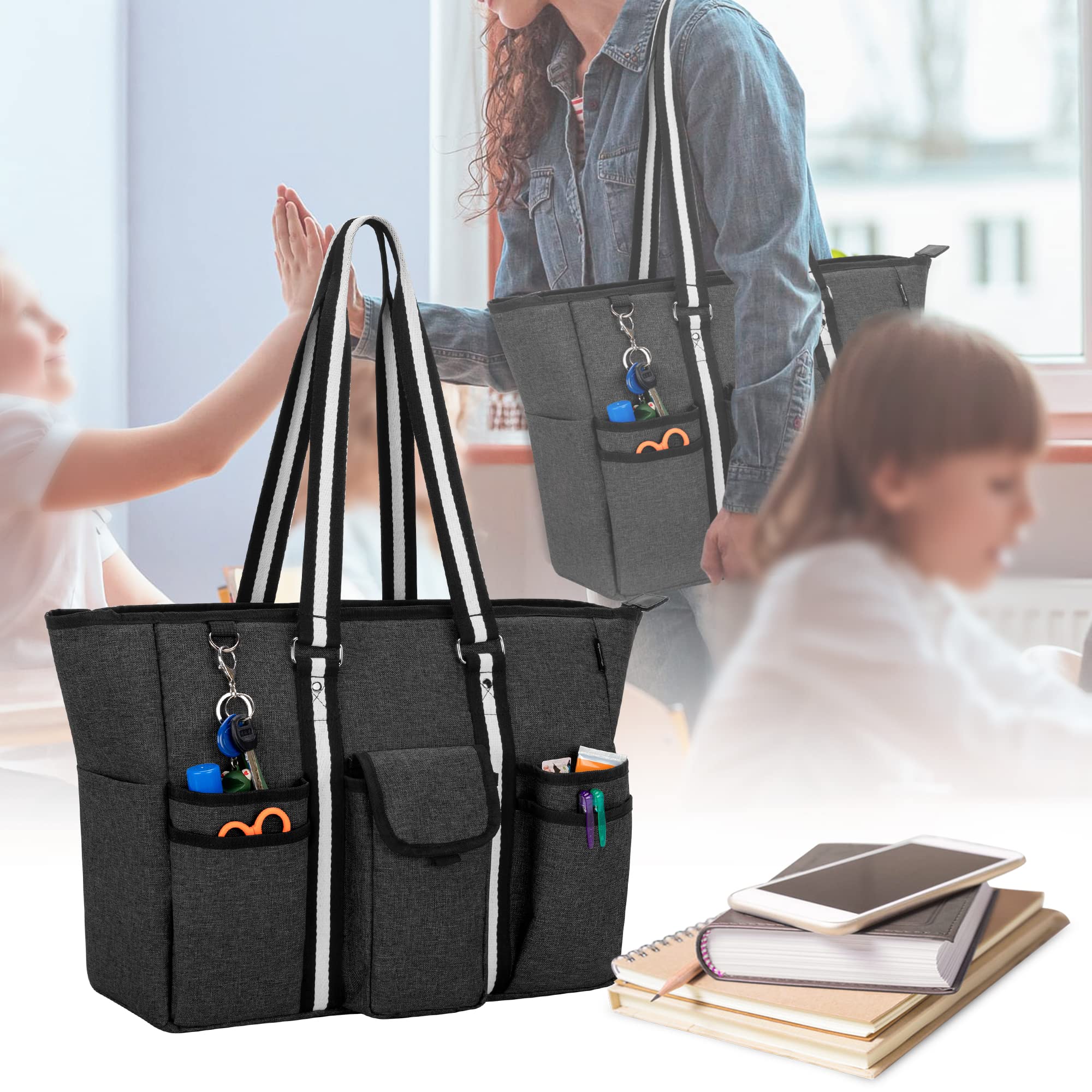 CURMIO Borsa da Lavoro per Insegnanti con Supporto Inferiore, Nero | Grande Tote da Donna, Scomparti per PC fino a 15,6", Tasche Multiple, per Materiale Insegnanti e Scolastico, Borsa Vuota