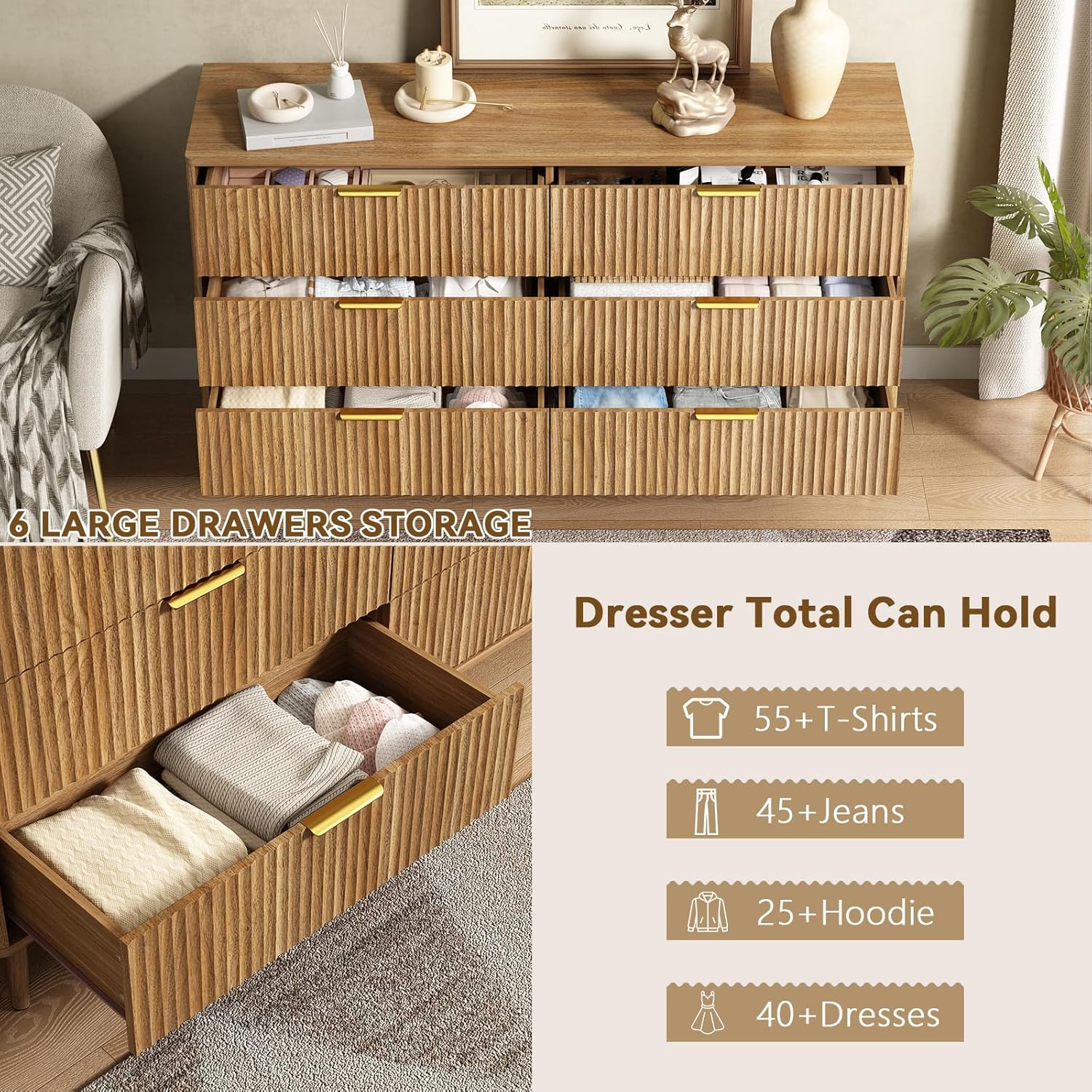 CARPETNAL Fluted Dresser and Nightstand Sets for Bedroom, 3 Pcs Bedroom Set, 6-Drawer Dresser & 2-Drawer Nightstand Set of 2, Modern Wood Chest of Drawers for Living Room, Entryway, Walnut