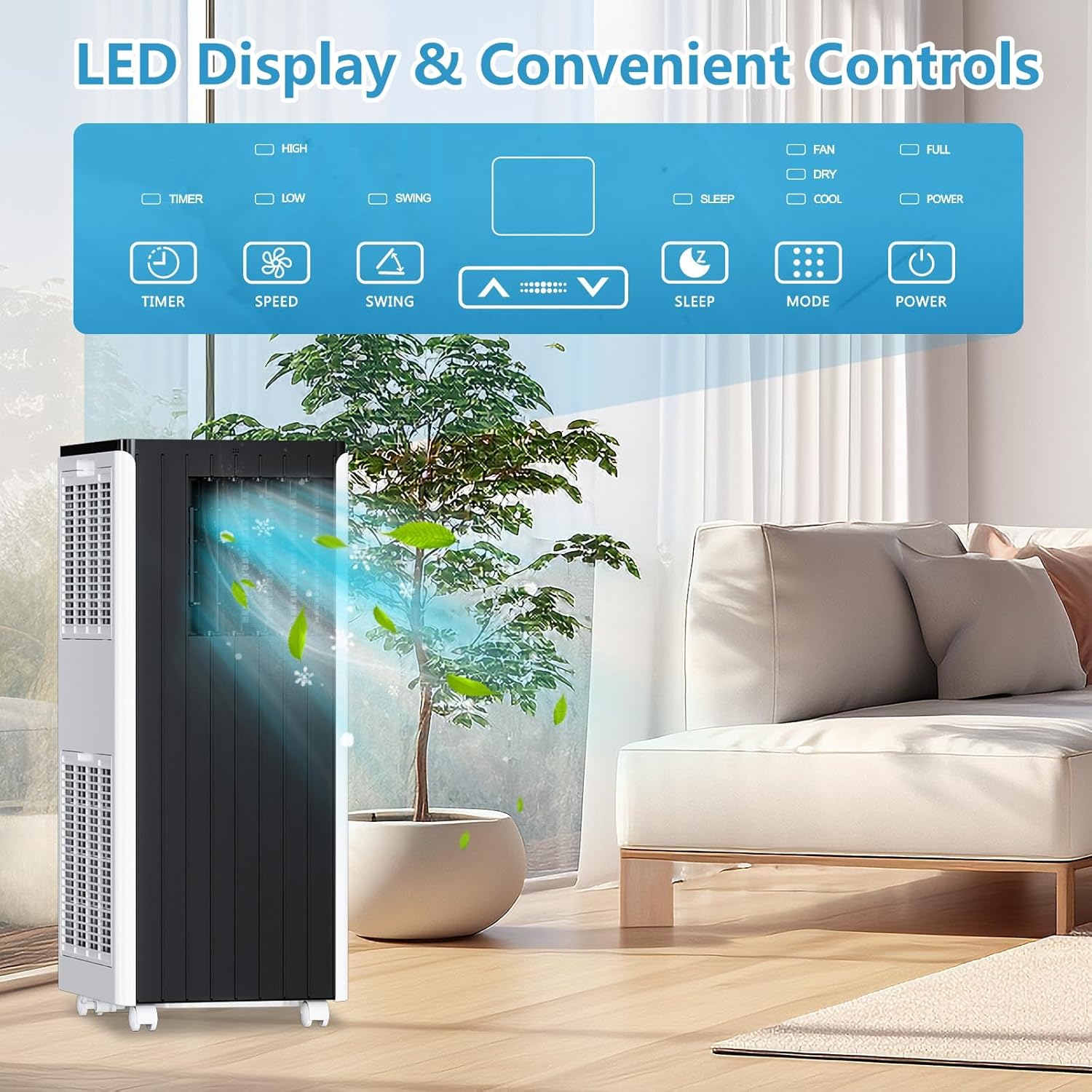 8,000 BTU Portable AC Unit for Large Rooms, 3-in-1 Air Conditioner with Fan and Dehumidifier Modes, Low Noise 51dB, 24H Timer, Includes Window Kit & Exhaust Hose, All Black Design