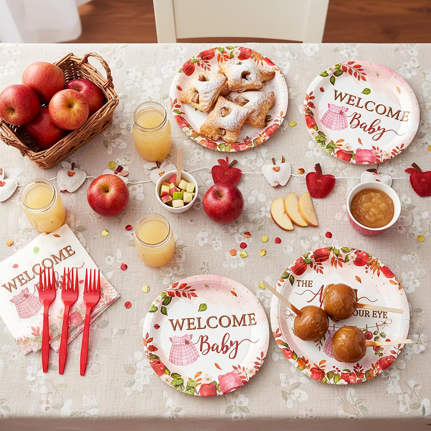 K1tpde Apple Baby Shower Tableware - 96PCS The Apple of Our Eye Paper Plates and Napkins Party Supplies, Disposable Dinnerware with Red Plastic Forks for Welcome Baby Birthday Party Decor, Serve 24