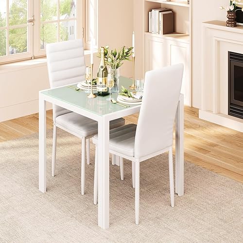 Miniatura 5 de Gizoon Juego de Mesa de Comedor de 3 Piezas de Vidrio, Mesa de Cocina y Sillas para 2, Conjuntos de Sala Moderna de Cuero PU para Hogar, Cocina,