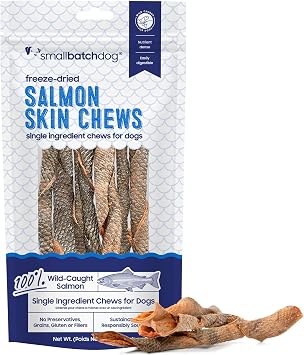 smallbatch Freeze-Dried Salmon Fish Skin Chews 2.5 oz for Dogs | Wild-Caught, Single Ingredient Salmon Skin Dog Treats, High Protein, Grain Free, Omega Rich Chews for Skin, Coat and Sensitive Stomachs