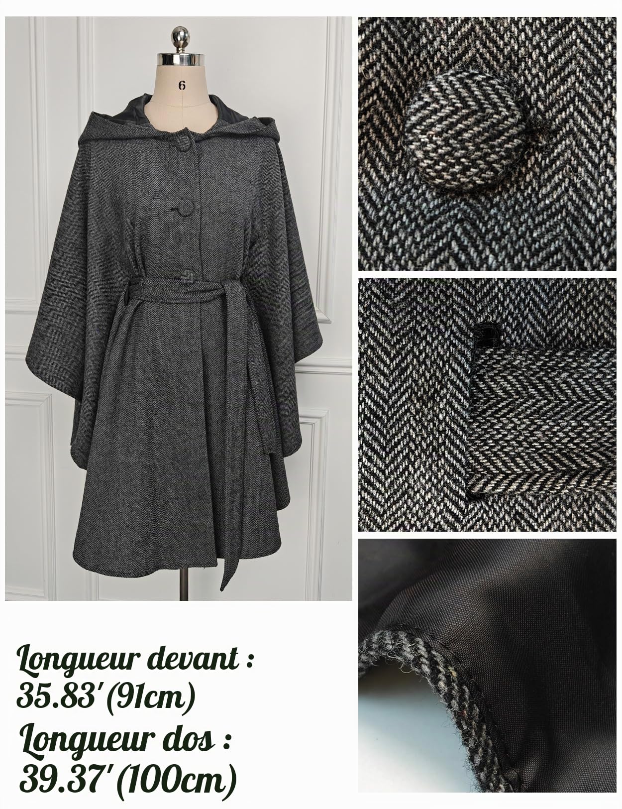 BEAUTELICATE Cape à Capuche Poncho en Laine Mélange Cardigan Kimono avec Ceinture Blousons Manteau Tweed De Femme Hiver Automne Quotidien Noël Halloween Médiévale