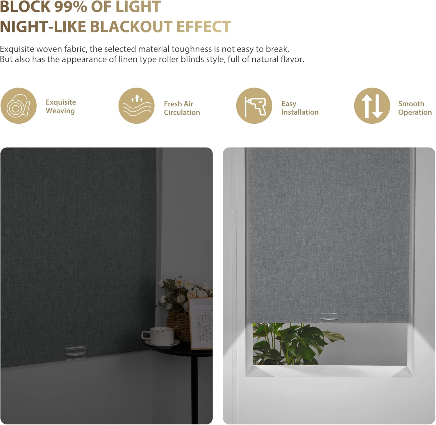 Blackout Roller Shades for Indoor Window Blinds,Cordless,Linen Fabric,Thermal Insulated Fabric UV Protection Shades for Home,Office,Door,Bedroom,Blackout-Grey,22" W x 72" H