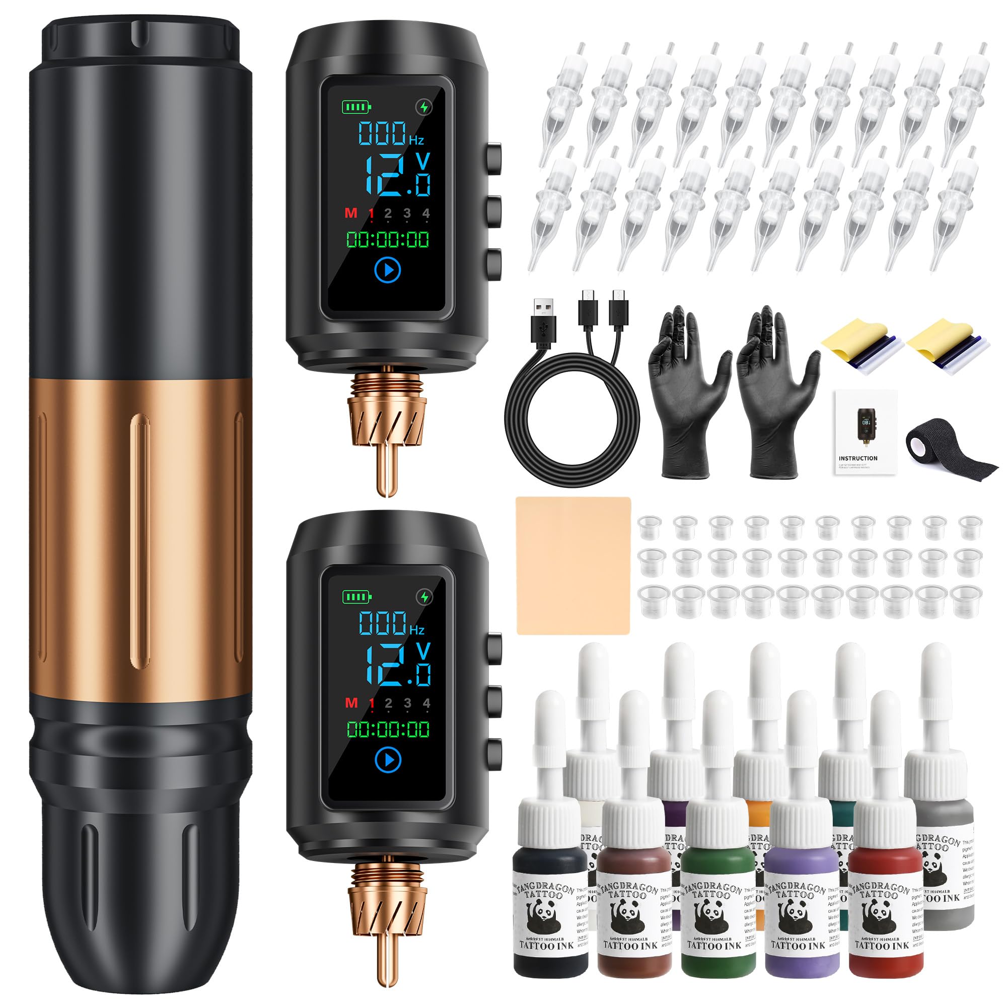 EMRICE Tattoo Gun Kit Wireless Tattoo Machine Pen Kit with 2 Batteries 20 Cartridge Needles 10 Ink Colors for Complete Rotary Tattoo with Charging Cable