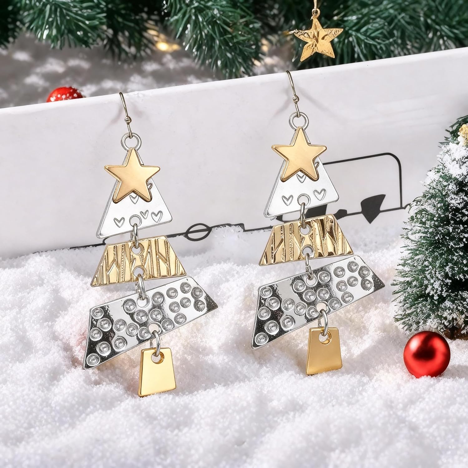 Christmas Tree Earrings for Women Two-Tone Dangle Drop with Star Lightweight Holiday Hook Earrings Festive Statement Jewelry Gift - Image 4