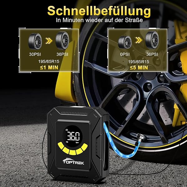 toptrek Kompressor Auto 12V DC, Autoreifen Pumpe 10,3 bar, Luftkompressor Auto mit großem LCD-Display Druckvoreinstellung Automatischer Abschaltung, Luftpumpe Auto für Auto, Fahrrad, Motorrad, Ball - 2