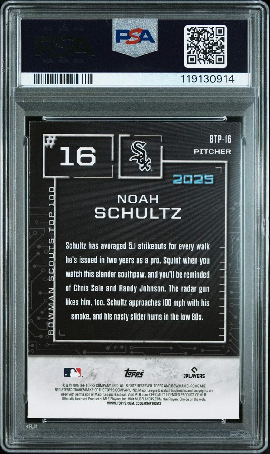 Graded 2025 Topps Bowman Noah Schultz #BTP16 Scouts Top 100 Mini Diamond /150 Rookie RC Baseball Card PSA 10 Gem Mint