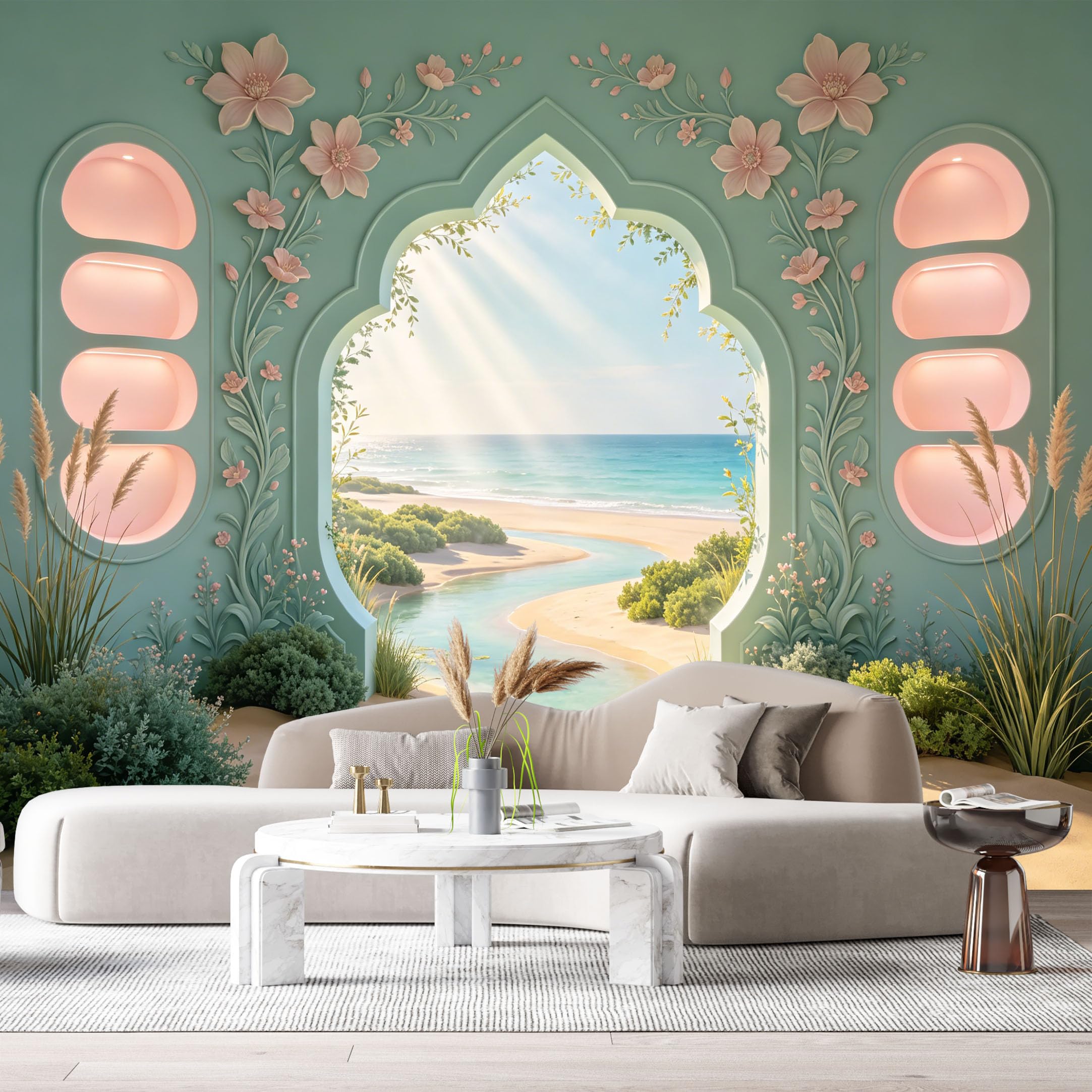 Custom Size Wall Murals Fantasy Arch Coastal Landscape 3D Trompe L'Oeil SelfAdhesiveWall Fabric Removable Wallpaper Wall Decor for Living Room Bedroom Bathroom