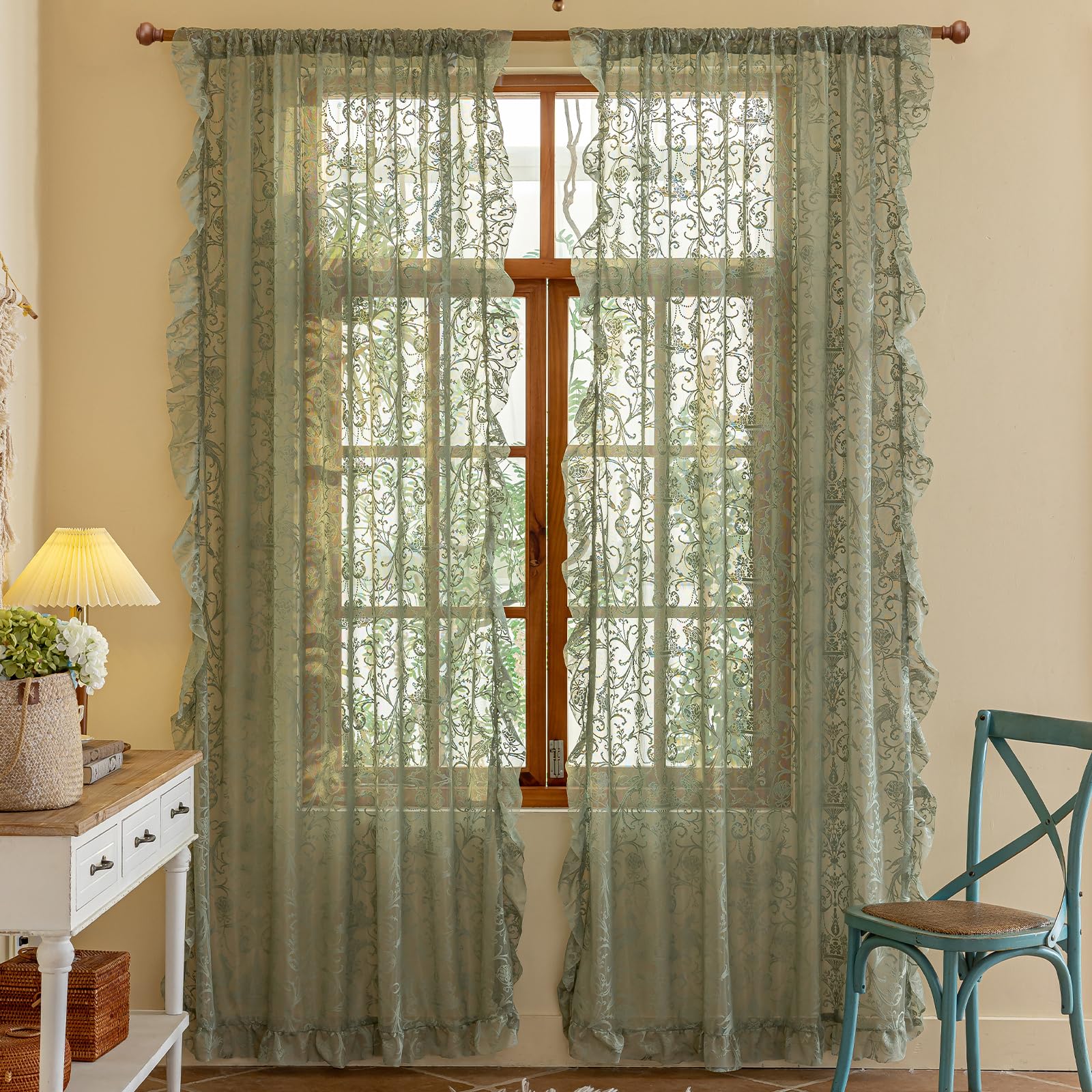 TUDECO Sage Lace Curtains 108 Inches Long - Embroidered Sheer Flower Light Green Curtains for Living Room, Spring Summer Light Filtering Ruffle Edges Green Bedroom Decor, 59 x 108 Inch, 2 Panels — image 1
