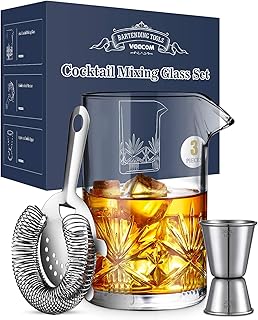 Cocktail Mixing Glass, veecom 18oz Crystal Mixing Glass Bartender Kit, 3 Piece Old Fashioned Cocktail Set with Strainer, Jigger, Bar Tools Cocktail Shaker Set, Cocktail Mixer Stirring Glass (3 Pieces)
