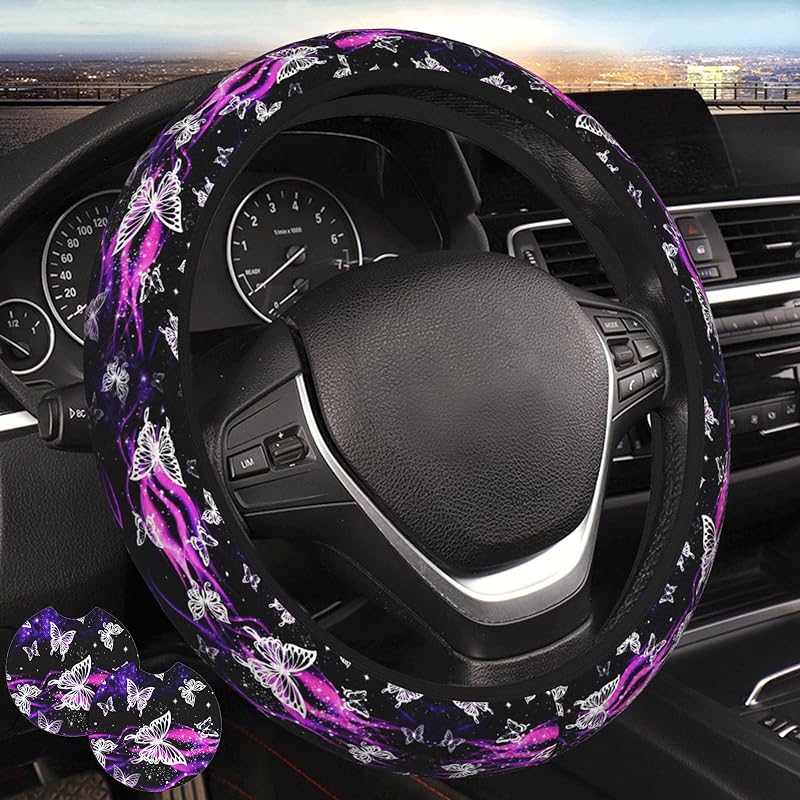 Capa para Volante Generic Roxa com Estampa de Borboletas Purple Butterfly 2 em Neoprene para Carro, Caminhão e SUV, Kit com 3 peças