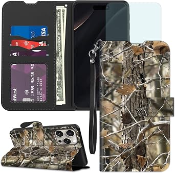 for iPhone 16 Pro Max Wallet case with RFID Blocking Credit Card Holder Kickstand, Folio Flip PU Leather Shockproof Protective Cover for 16 ProMax 6.9", Camouflage Wood