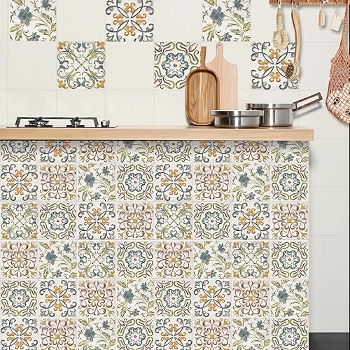 Miniatura 6 de Wudnaye Papel tapiz bohemio para despegar y pegar, papel de contacto de azulejos de imitación de 17 x 118 pulgadas, patrón de azulejos, extraíble,