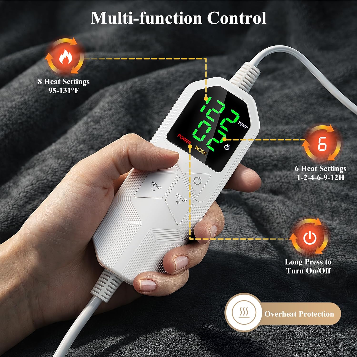 Wearable Heated Blanket with Foot Pocket, 70" x 50" Heated Robe Electric Blanket with Sleeves, 8 Heating Levels &1-12 Hours Heating Time Settings, Winter for Mom Girlfriend, Flannel & Sherpa, Grey - Image 4