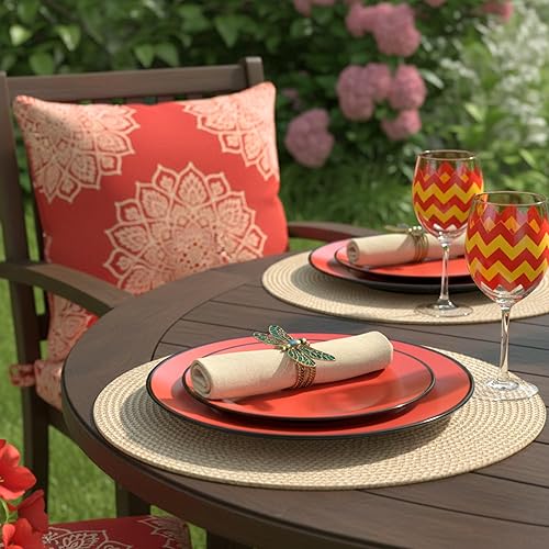 Miniatura 7 de TP Platos de cena de melamina de 8.5 pulgadas, juego de 6 platos irrompibles para servir en interiores y exteriores, servicio para 6, negro y rojo