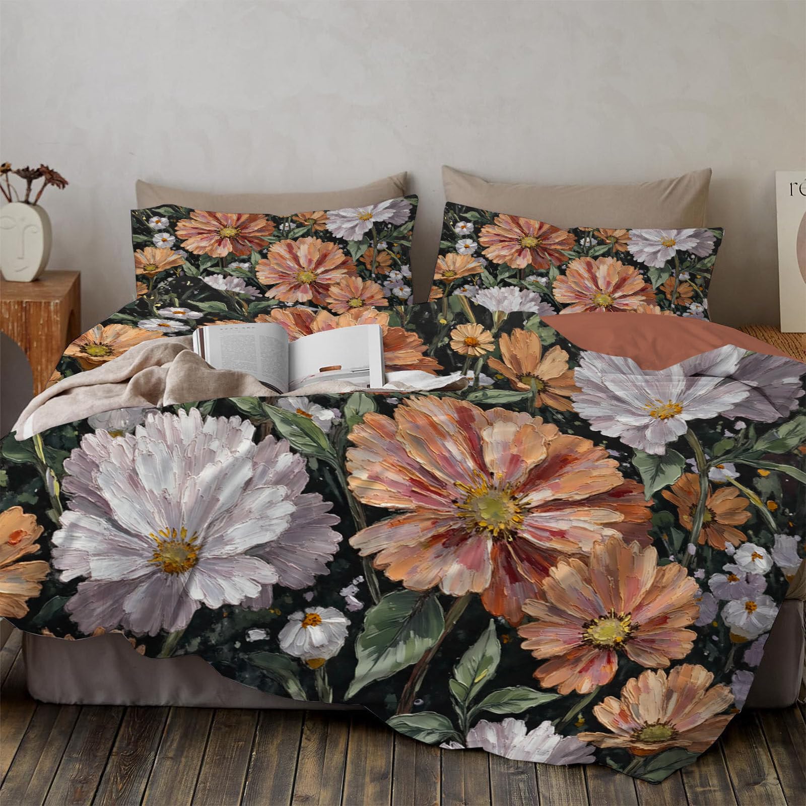 Housse de couette fermeture éclair pivoine verte parure de lit orange 140x200