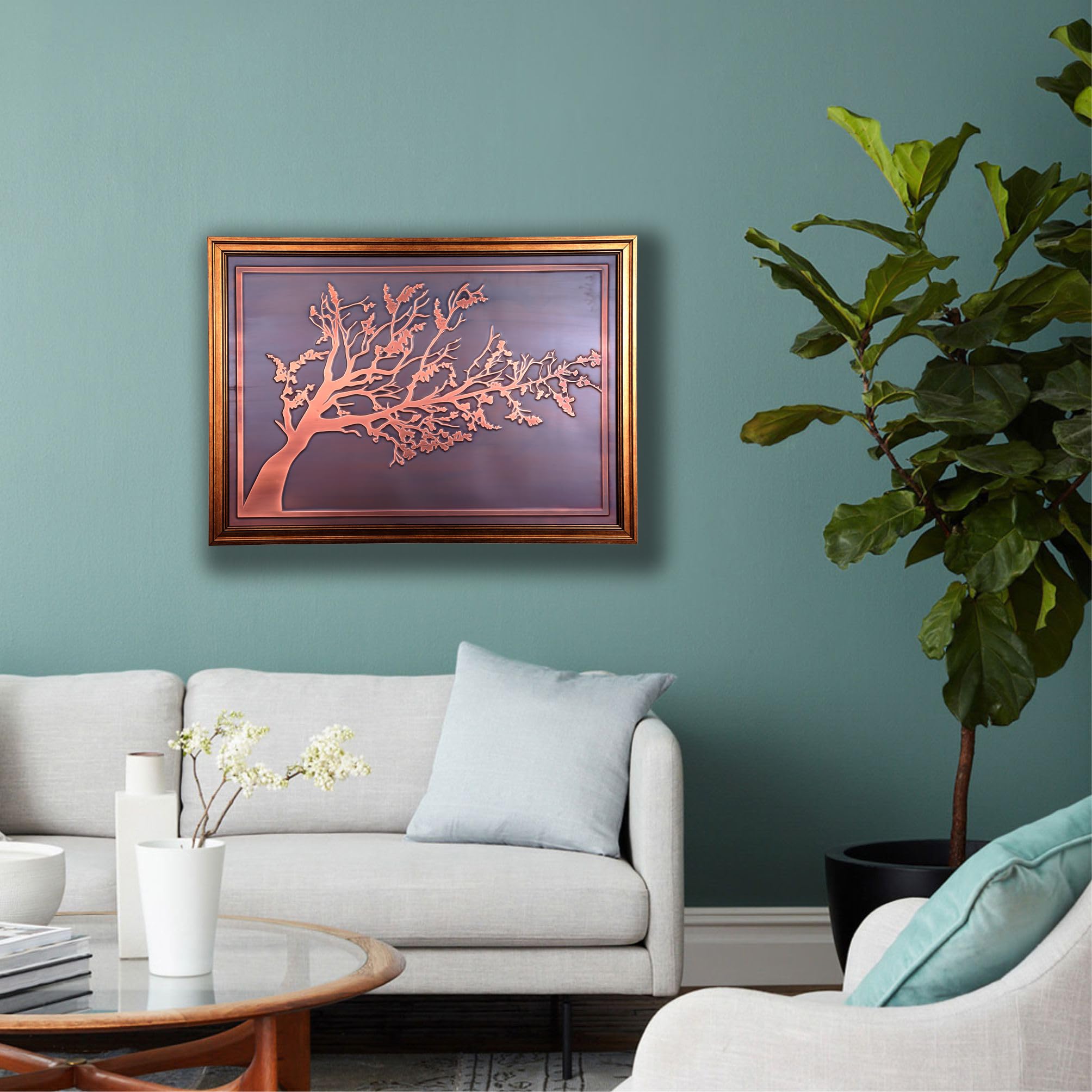 Arte de pared en relieve de cobre con marco de madera, decoración moderna para el hogar, oficina, sala de estar, decoración de pared (rama 5321, 50 x 30 cm, cobre)