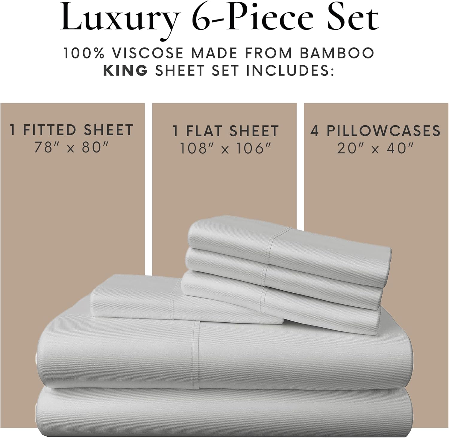 Bamboo Bay 6 Piece King Size Sheet Set, 100% Viscose Made from Bamboo, Breathable Ultra Soft Cooling Bed Sheets for Hot Sleepers, Beddings with Deep Pockets Fit 16" Mattress, Light Grey - Image 5