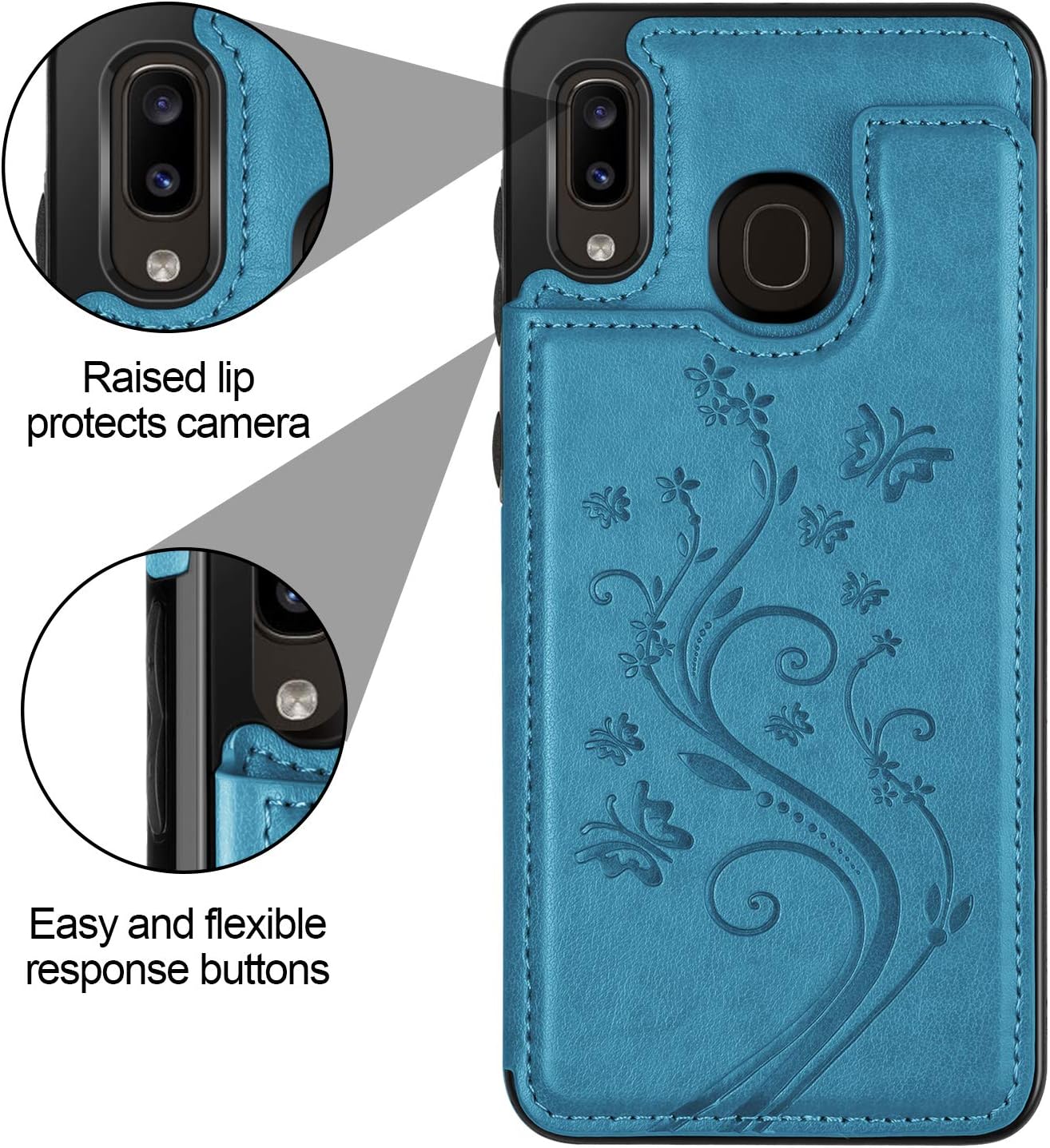 HianDier Wallet Case for Galaxy A20 Slim Protective Case with Credit Card Slot Holder Flip Folio Soft PU Leather Magnetic Closure Cover for Samsung Galaxy A20 A30, Butterfly Blue