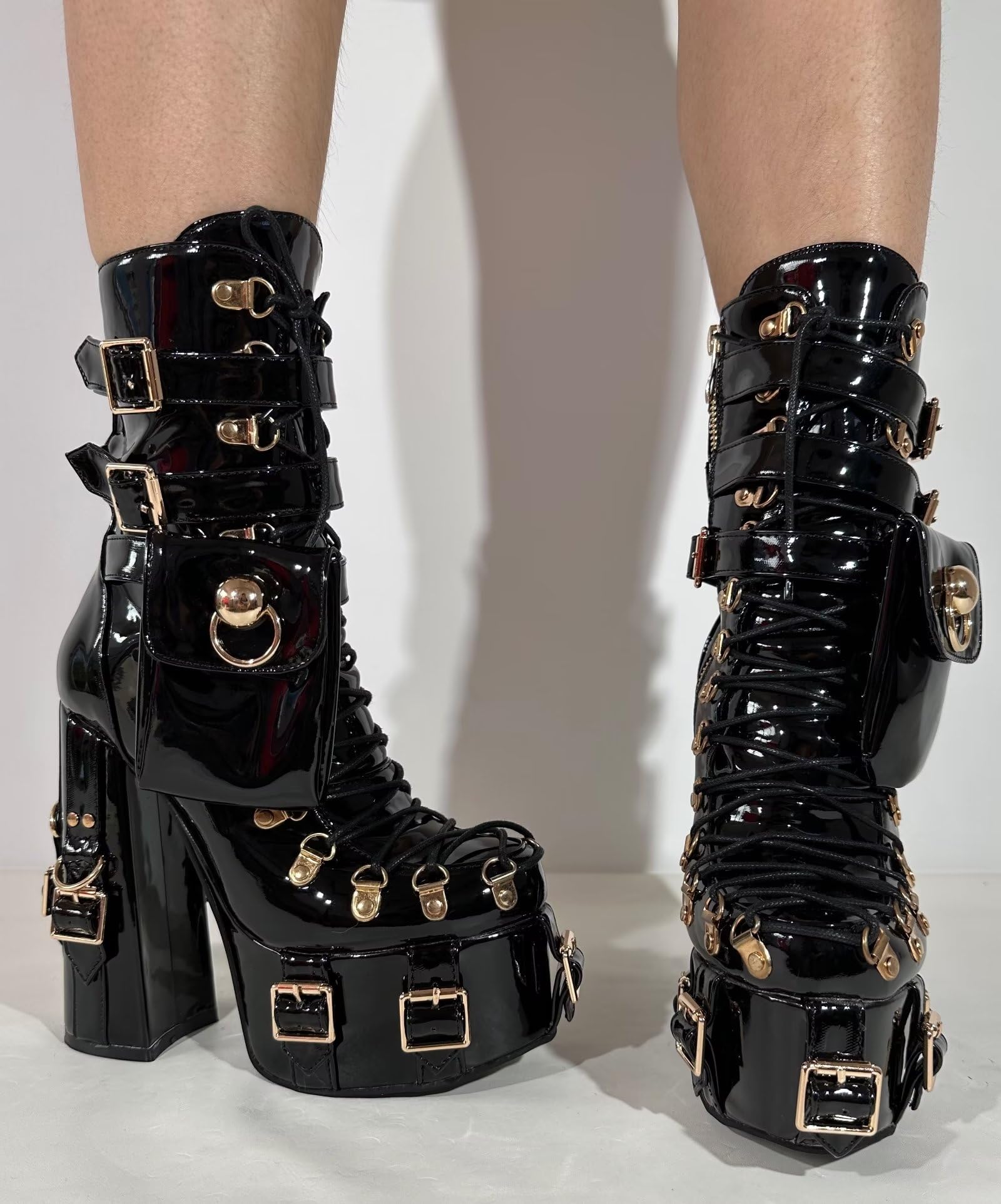 Frankie Hsu Stivaletto corto con tacco alto zeppa piattaforma vernice nera tacco spesso moda cheerleader Lolita grande dimensione fibbia tasca cintura pizzo stivaletti per ragazza donna uomo, nero,